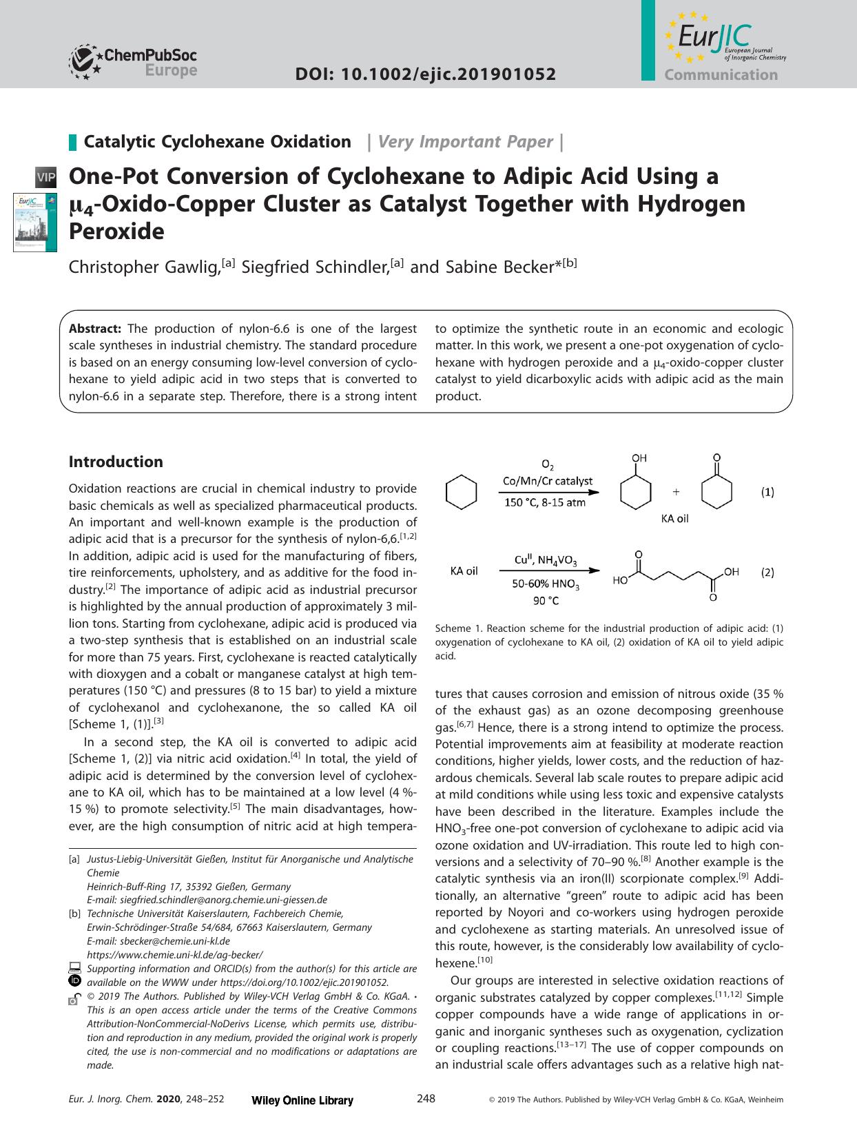 One‐Pot Conversion of Cyclohexane to Adipic Acid Using a <font family="greek">µ<font><sub>4<sub>‐Oxido‐Copper Cluster as Catalyst Together with Hydrogen Peroxide by Unknown