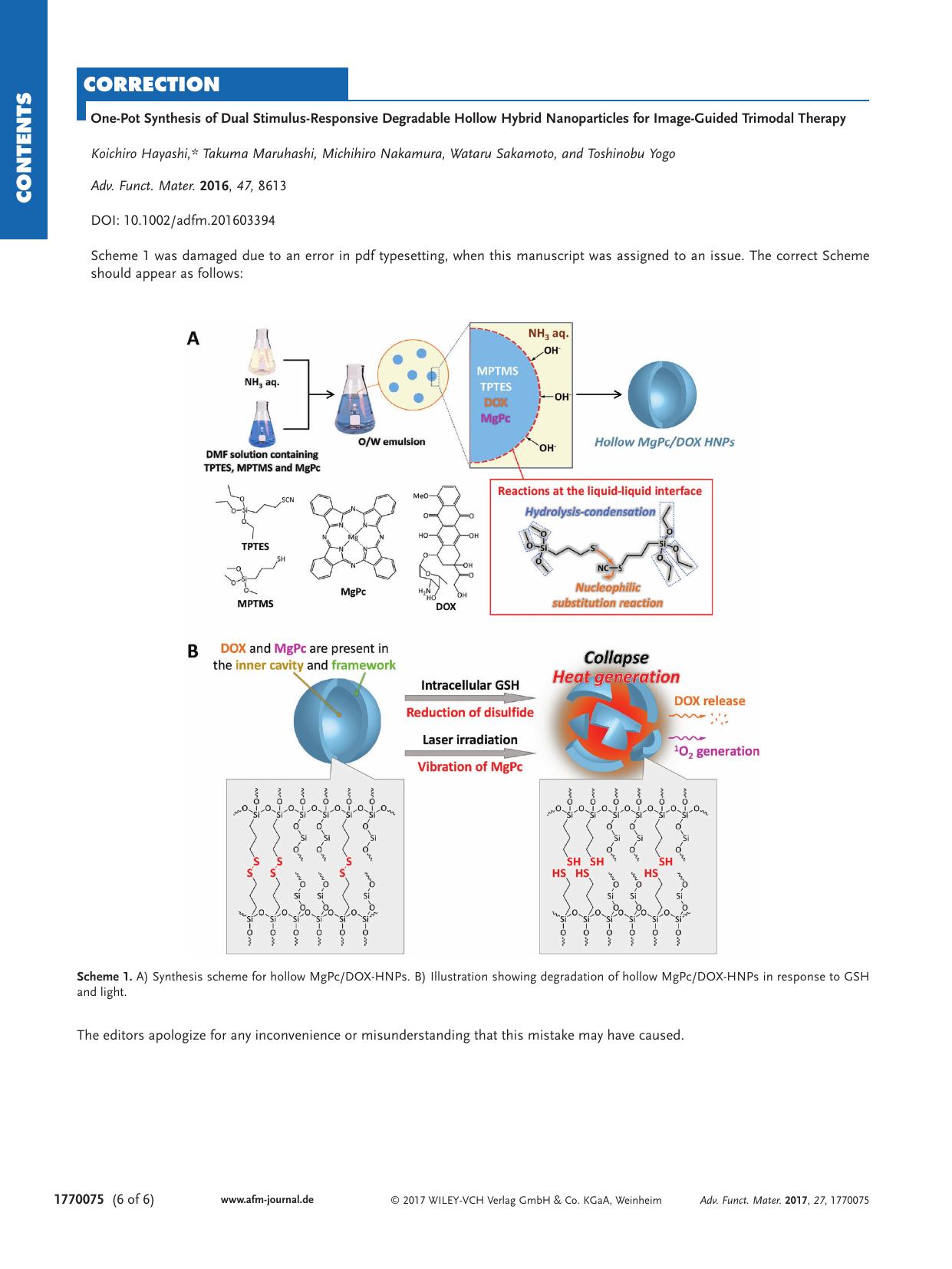 One&#x02010;Pot Synthesis of Dual Stimulus&#x02010;Responsive Degradable Hollow Hybrid Nanoparticles for Image&#x02010;Guided Trimodal Therapy by Unknown