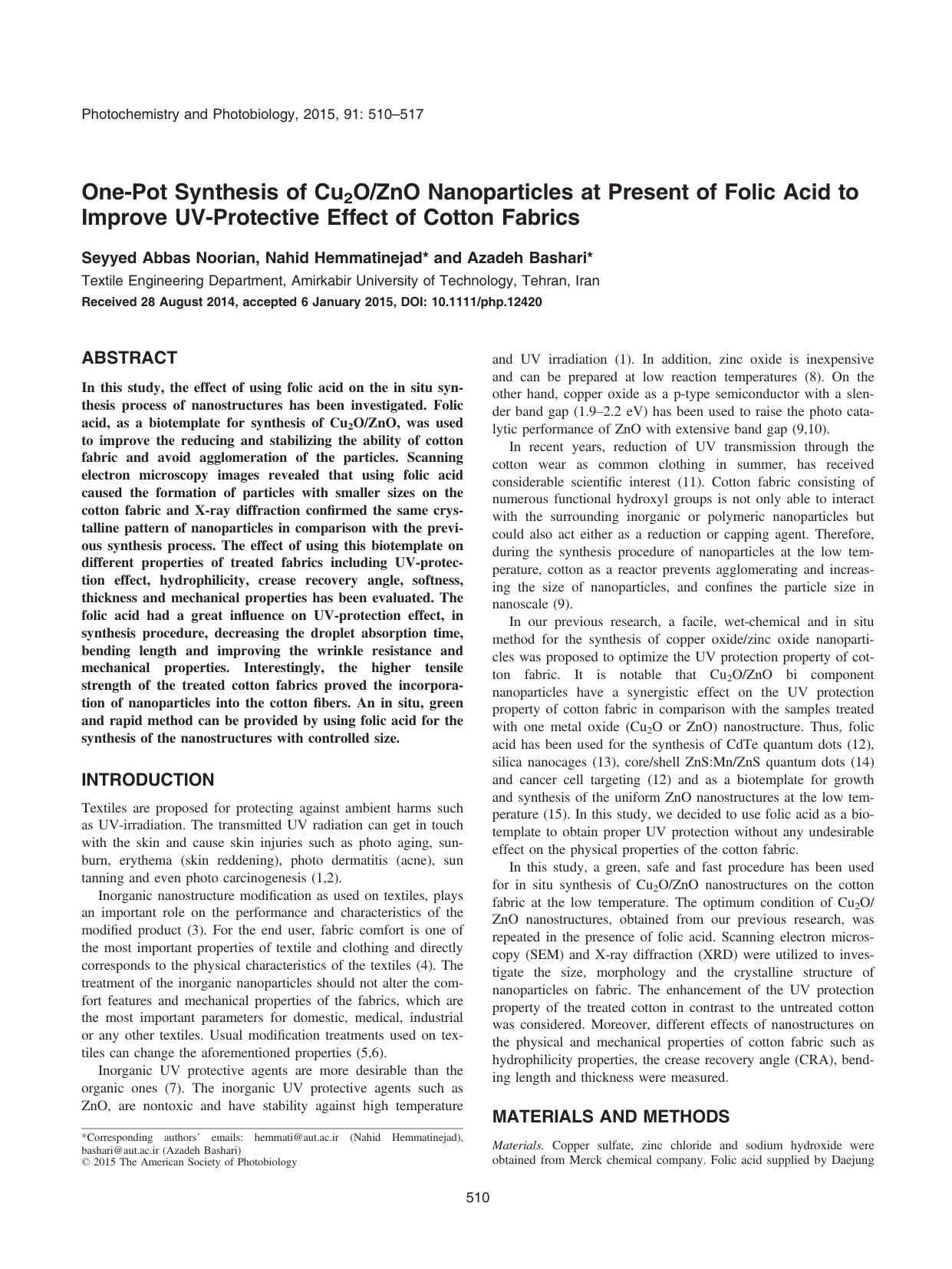 One&#x2010;Pot Synthesis of Cu2O&#x002F;ZnO Nanoparticles at Present of Folic Acid to Improve UV&#x2010;Protective Effect of Cotton Fabrics by Unknown