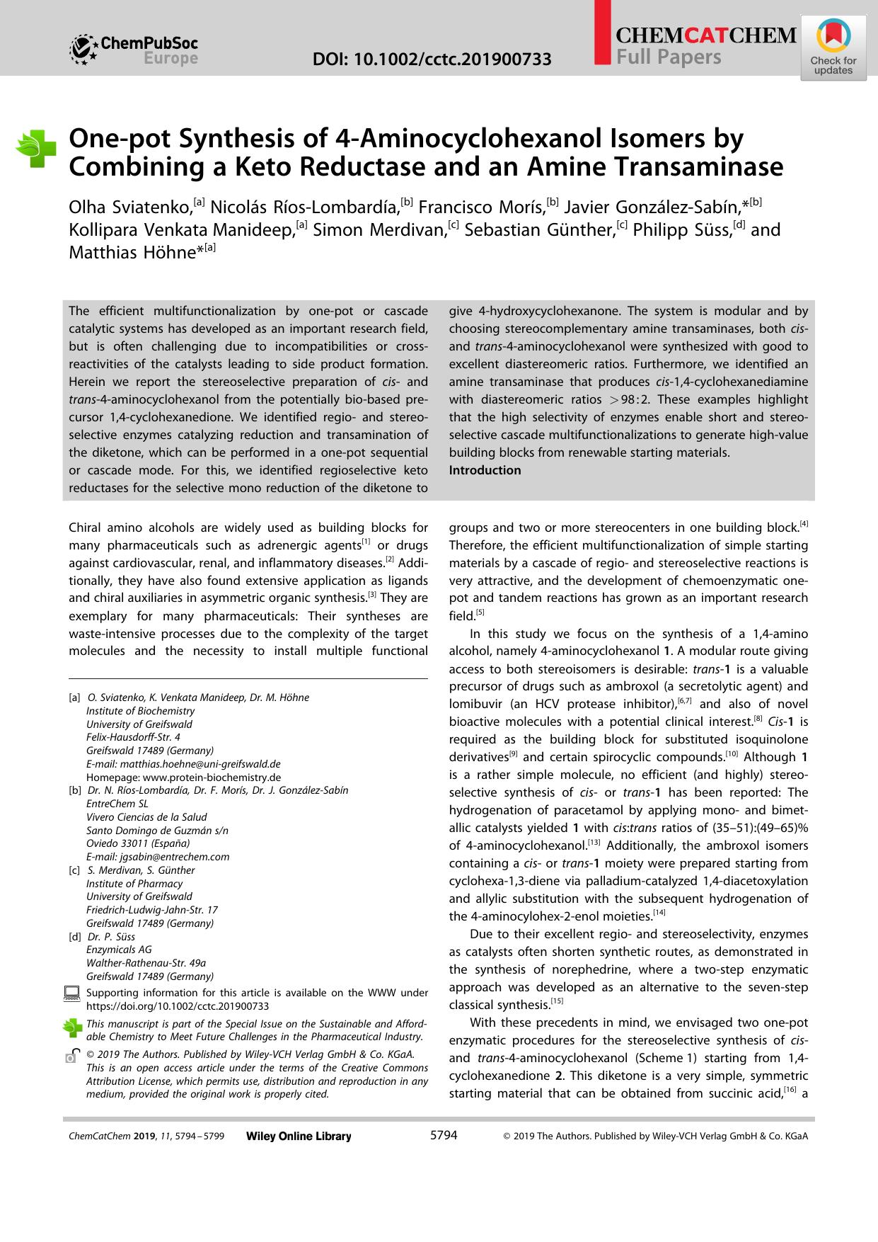Oneâpot Synthesis of 4âAminocyclohexanol Isomers by Combining a Keto Reductase and an Amine Transaminase by Unknown