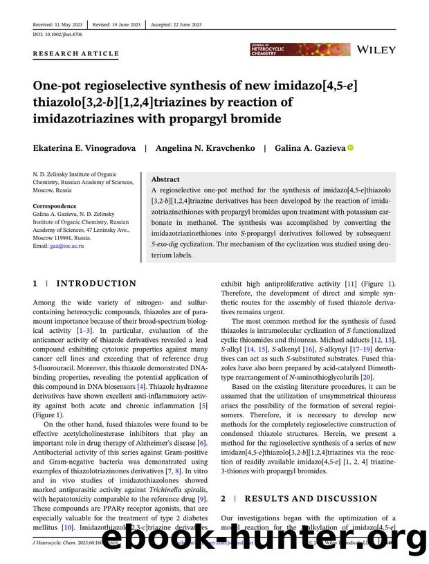 Oneâpot regioselective synthesis of new imidazo[4,5âe]thiazolo[3,2âb][1,2,4]triazines by reaction of imidazotriazines with propargyl bromide by Unknown