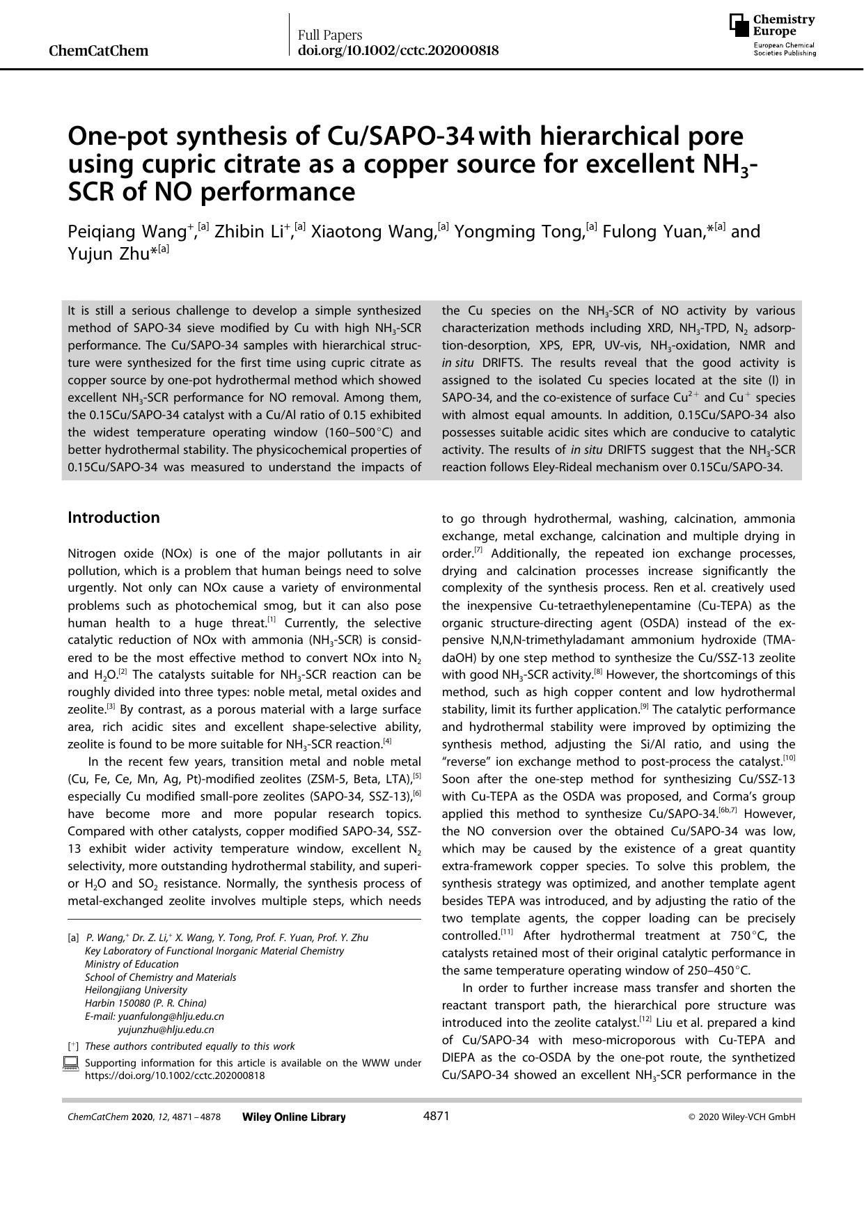 Oneâpot synthesis of CuSAPOâ34âwith hierarchical pore using cupric citrate as a copper source for excellent NH3âSCR of NO performance by Unknown