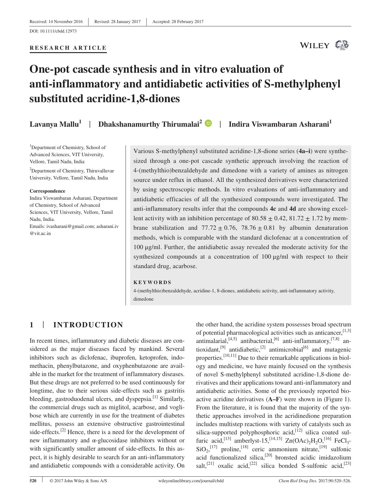 One‐pot cascade synthesis and in vitro evaluation of anti‐inflammatory and antidiabetic activities of S‐methylphenyl substituted acridine‐1,8‐diones by unknow