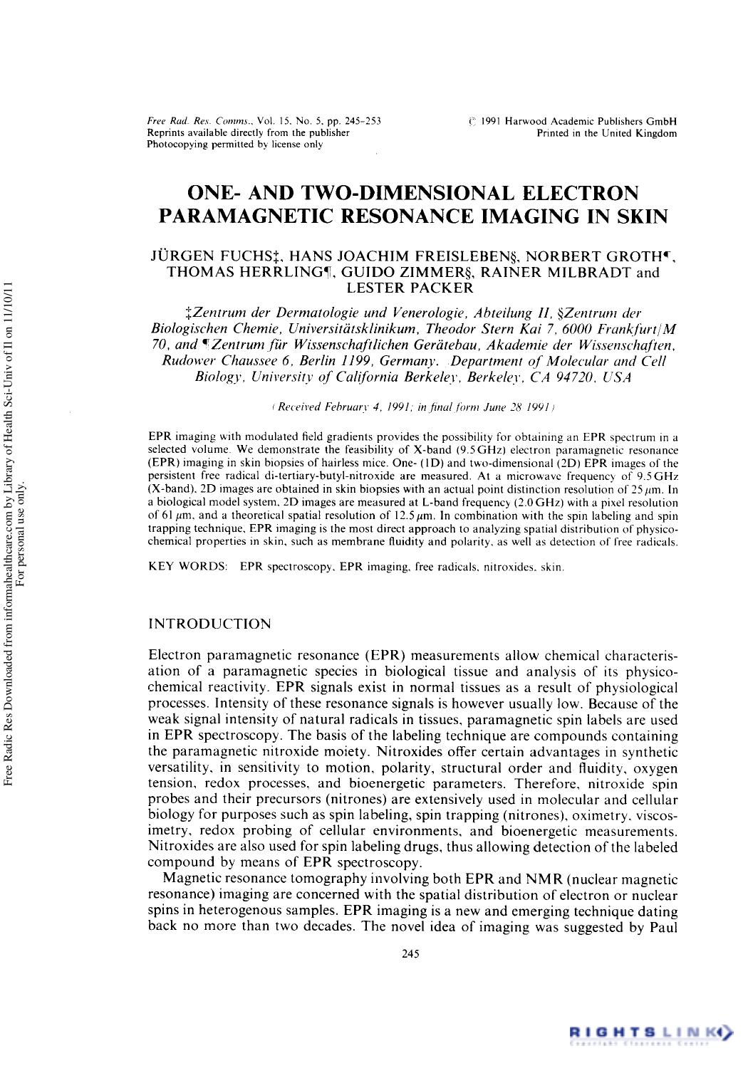 One- and Two-Dimensional Electron Paramagnetic Resonance Imaging in Skin by unknow