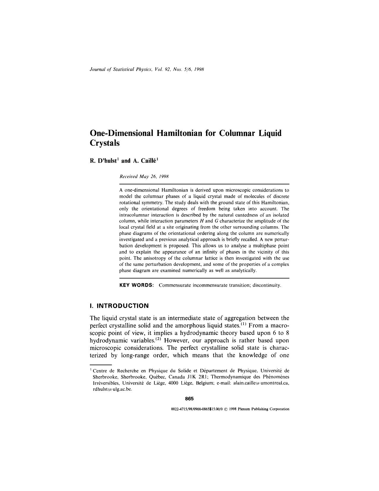 One-Dimensional Hamiltonian for Columnar Liquid Crystals by Unknown