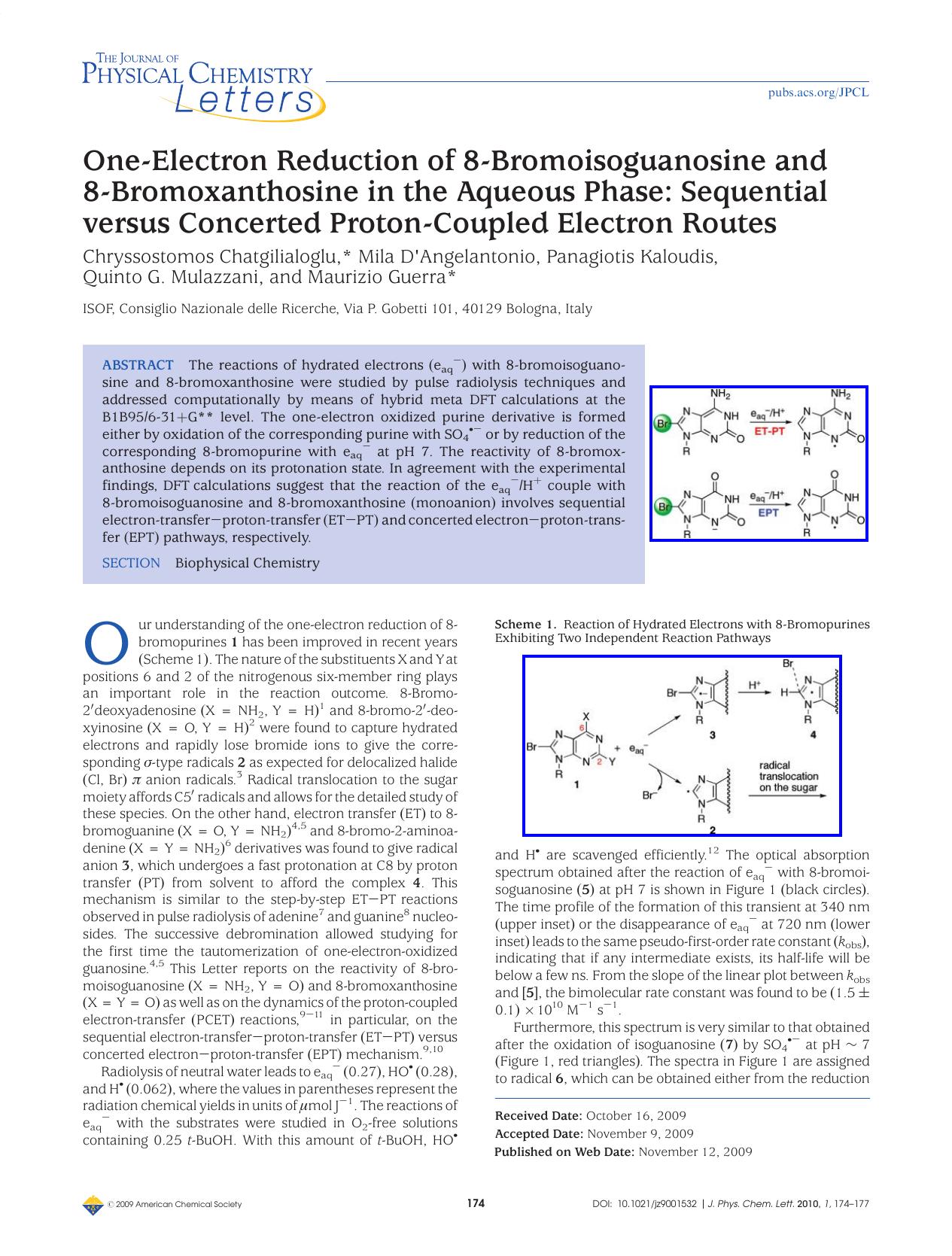One-Electron Reduction of 8-Bromoisoguanosine and 8-Bromoxanthosine in the Aqueous Phase: Sequential versus Concerted Proton-Coupled Electron Routes by Unknown