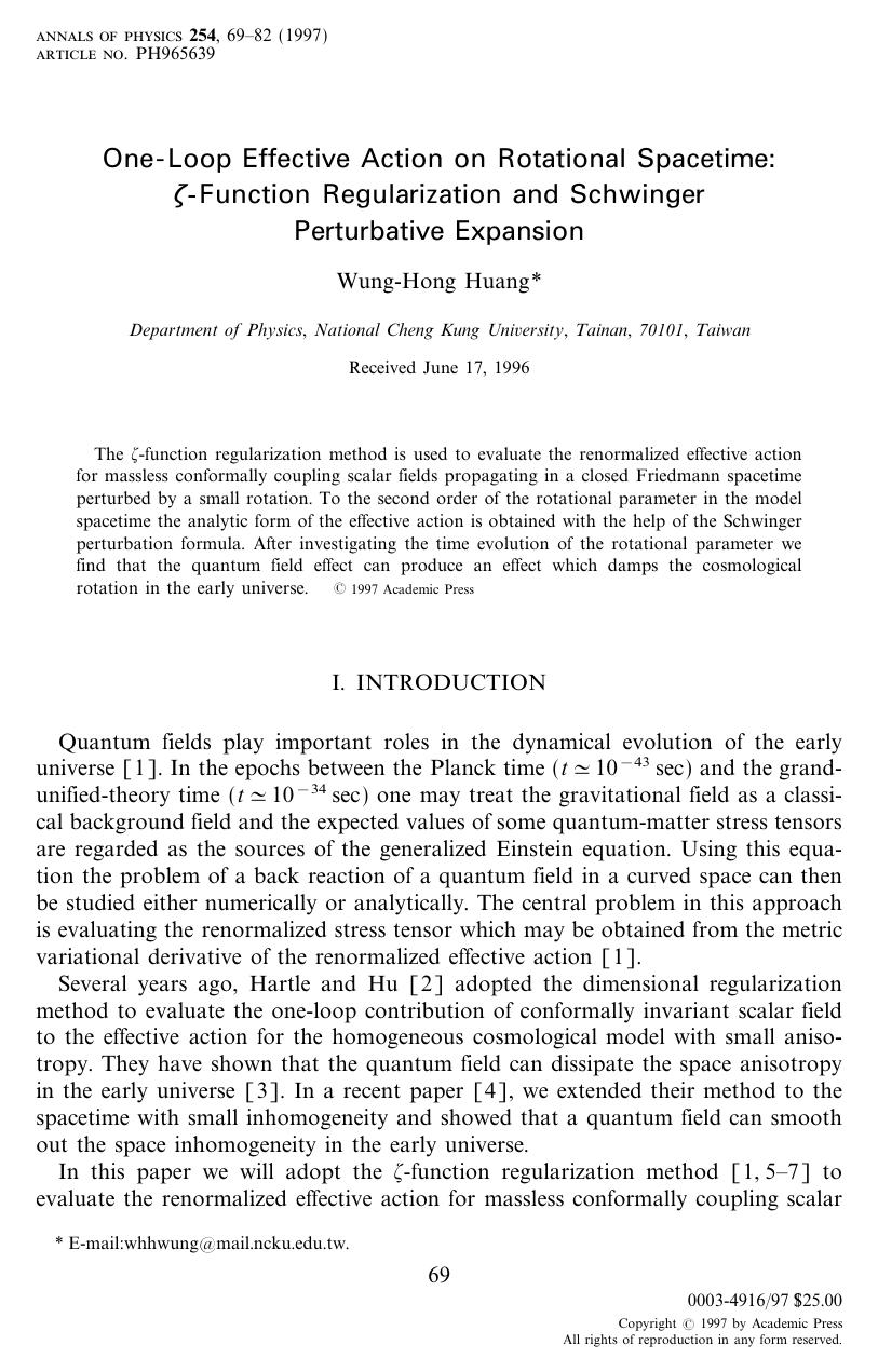 One-Loop Effective Action on Rotational Spacetime: ...-Function Regularization and Schwinger Perturbative Expansion by Huang W. H