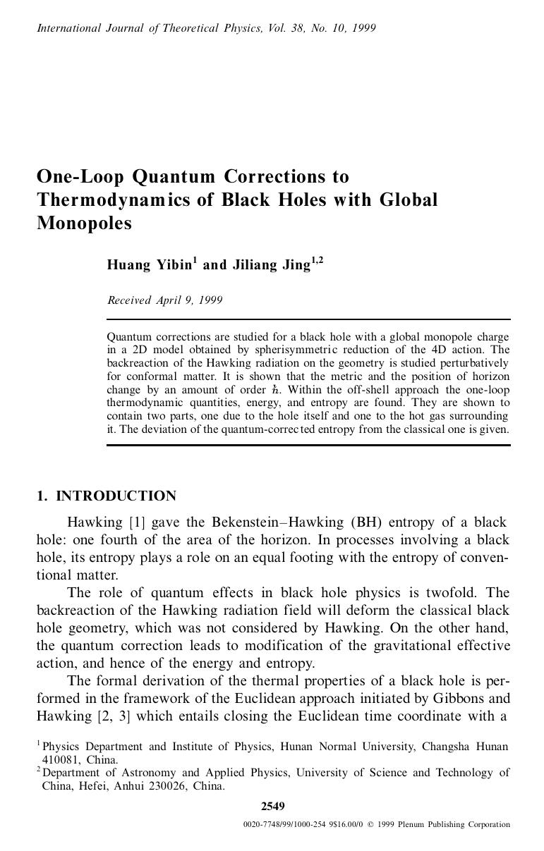 One-Loop Quantum Corrections to Thermodynamics of Black Holes with Global Monopoles by Unknown