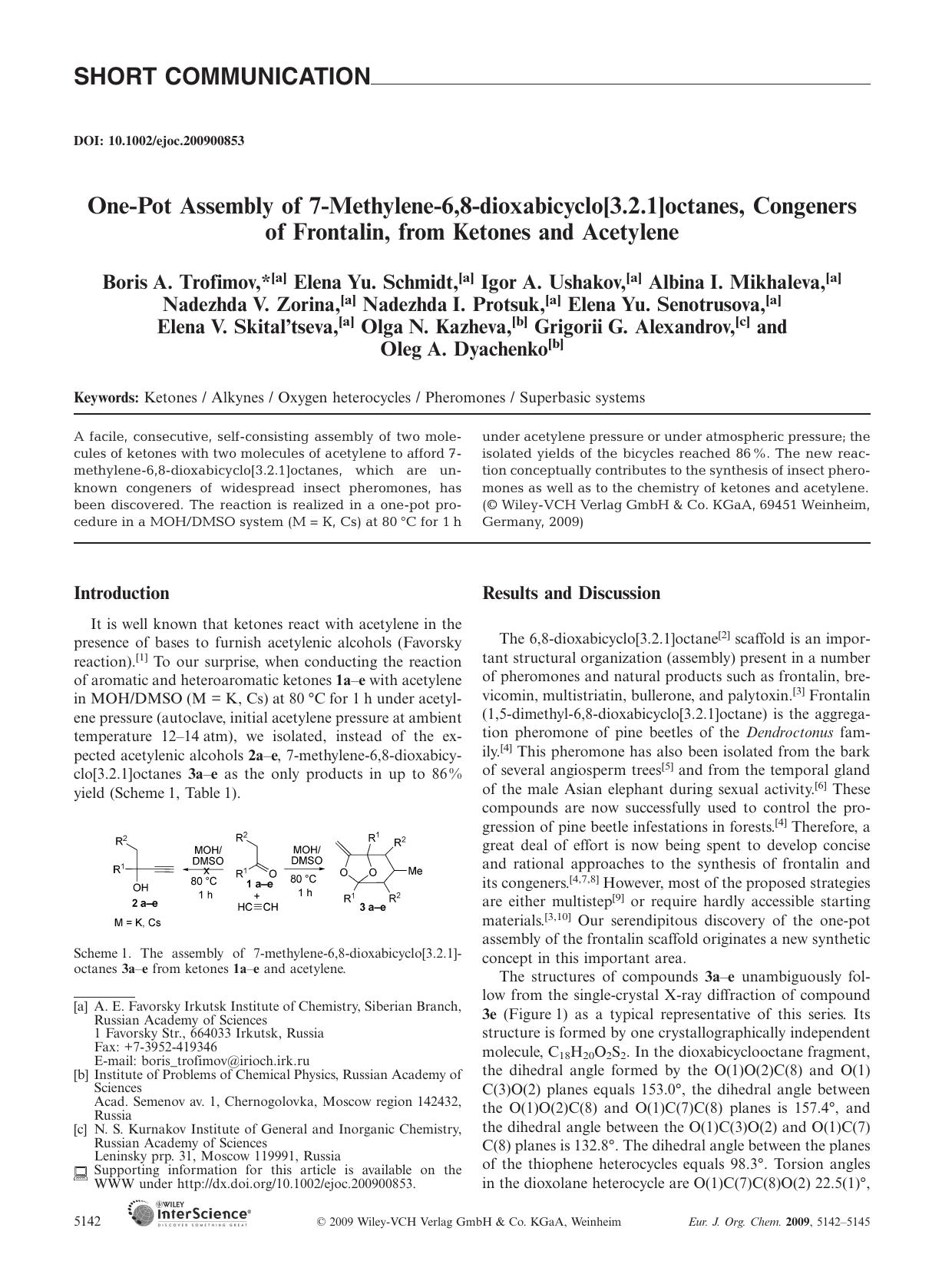 One-Pot Assembly of 7-Methylene-6,8-dioxabicyclo[3.2.1]octanes, Congeners of Frontalin, from Ketones and Acetylene by Unknown