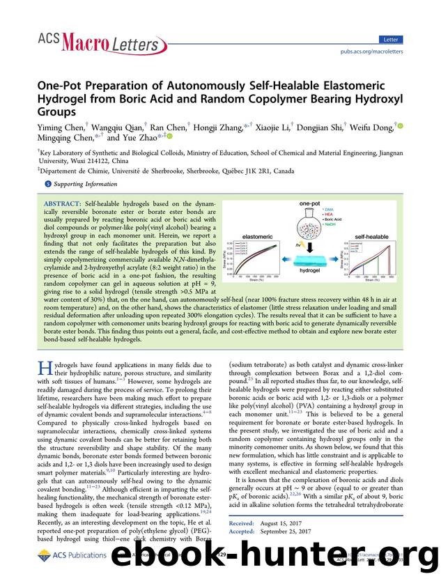 One-Pot Preparation of Autonomously Self-Healable Elastomeric Hydrogel from Boric Acid and Random Copolymer Bearing Hydroxyl Groups by unknow
