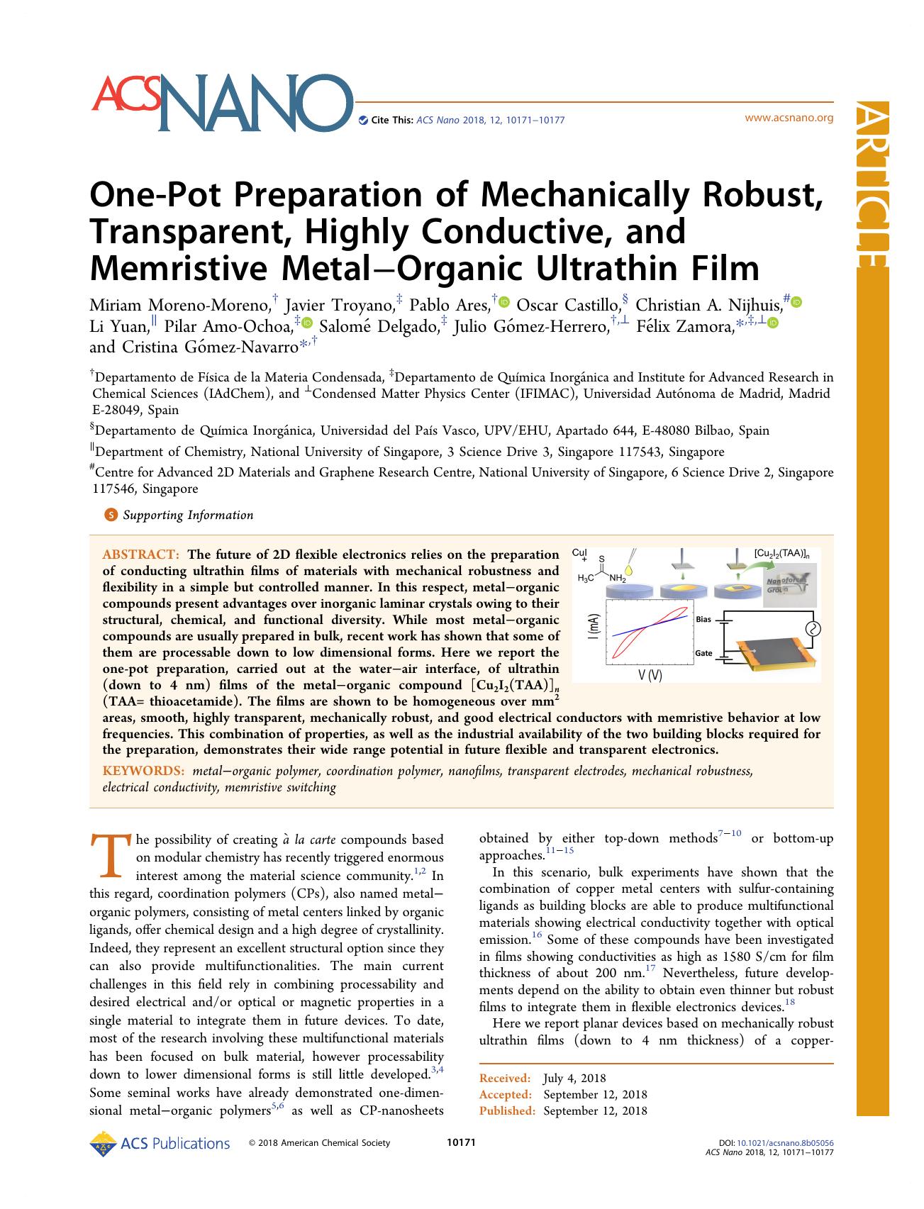 One-Pot Preparation of Mechanically Robust, Transparent, Highly Conductive, and Memristive MetalâOrganic Ultrathin Film by unknow