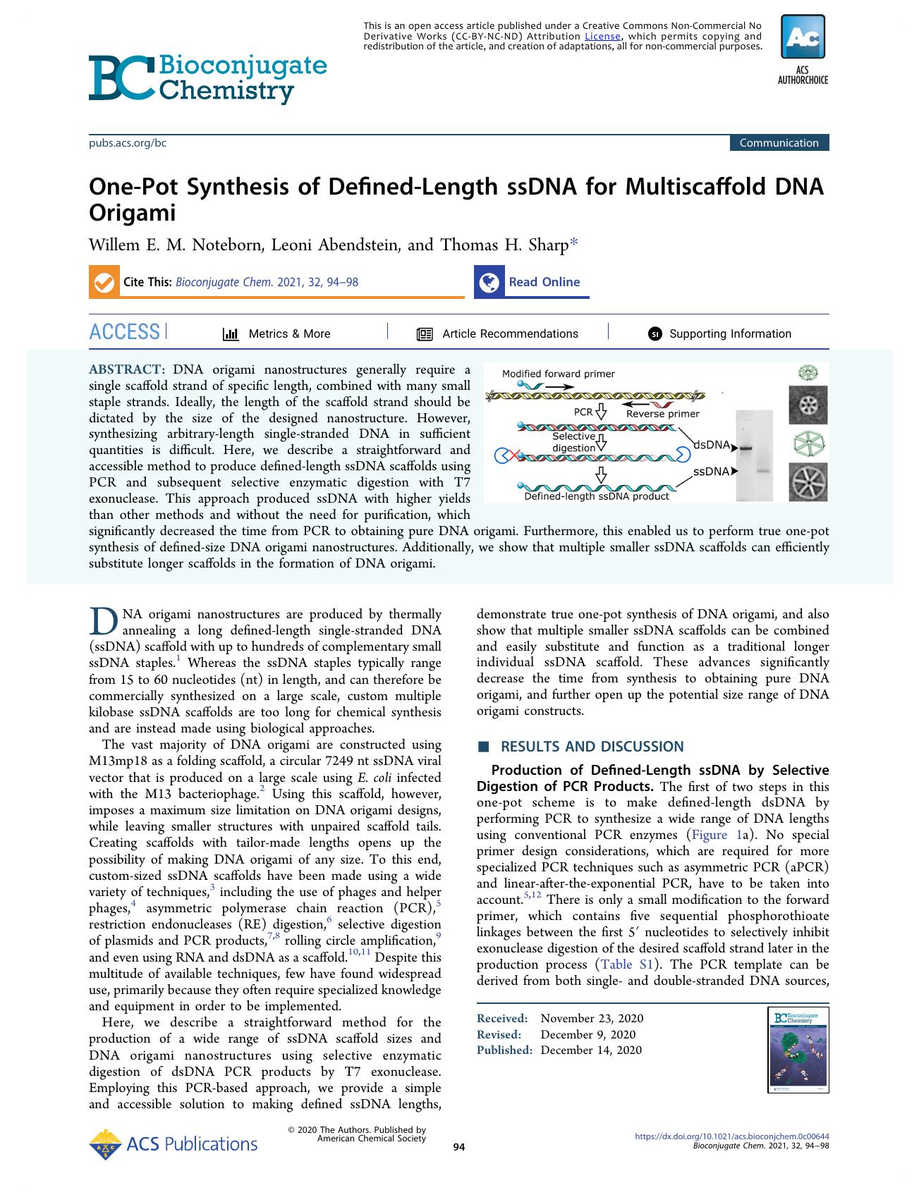 One-Pot Synthesis of Defined-Length ssDNA for Multiscaffold DNA Origami by Willem E. M. Noteborn; Leoni Abendstein; Thomas H. Sharp