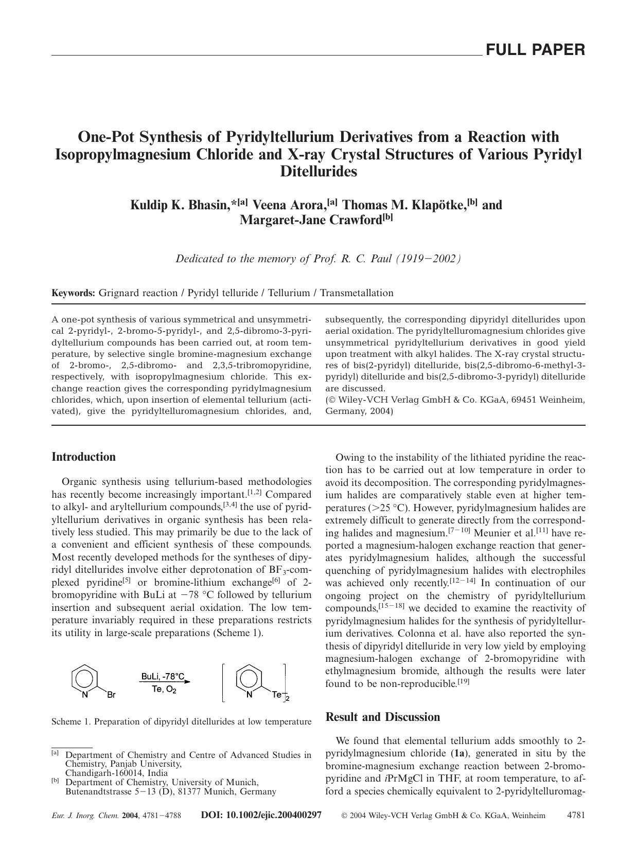 One-Pot Synthesis of Pyridyltellurium Derivatives from a Reaction with Isopropylmagnesium Chloride and X-ray Crystal Structures of Various Pyridyl Ditellurides by Unknown