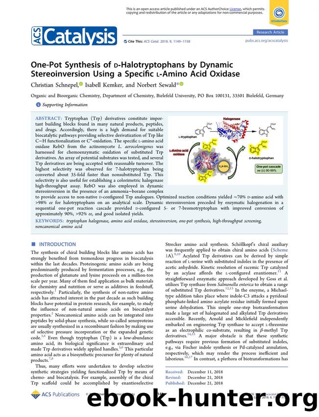 One-Pot Synthesis of d-Halotryptophans by Dynamic Stereoinversion Using a Specific l-Amino Acid Oxidase by Christian Schnepel Isabell Kemker and Norbert Sewald