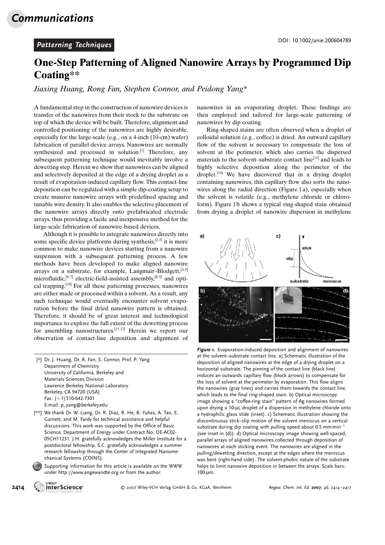 One-Step Patterning of Aligned Nanowire Arrays by Programmed Dip Coating by Unknown
