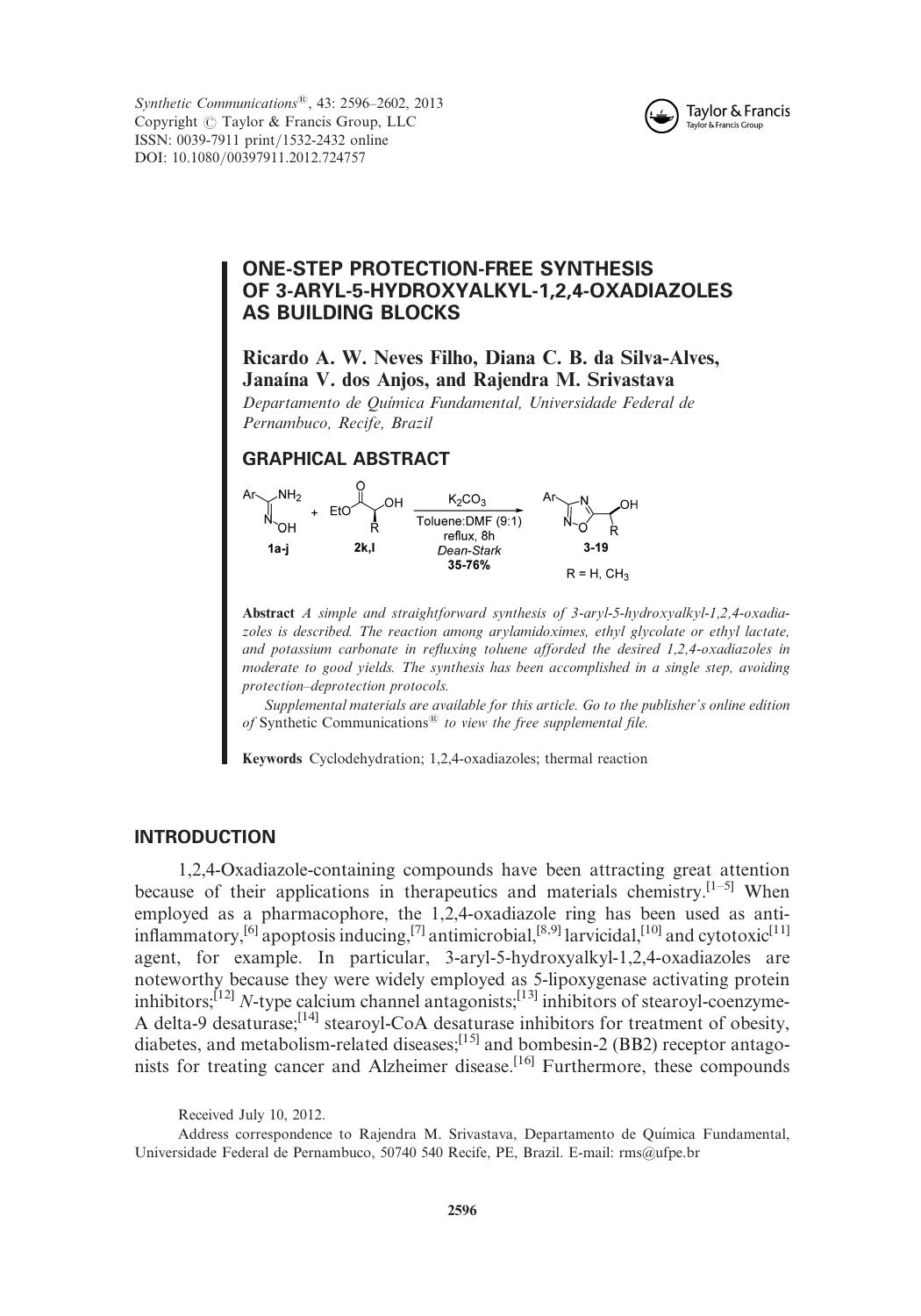 One-Step Protection-Free Synthesis of 3-Aryl-5-hydroxyalkyl-1,2,4-oxadiazoles as Building Blocks by unknow