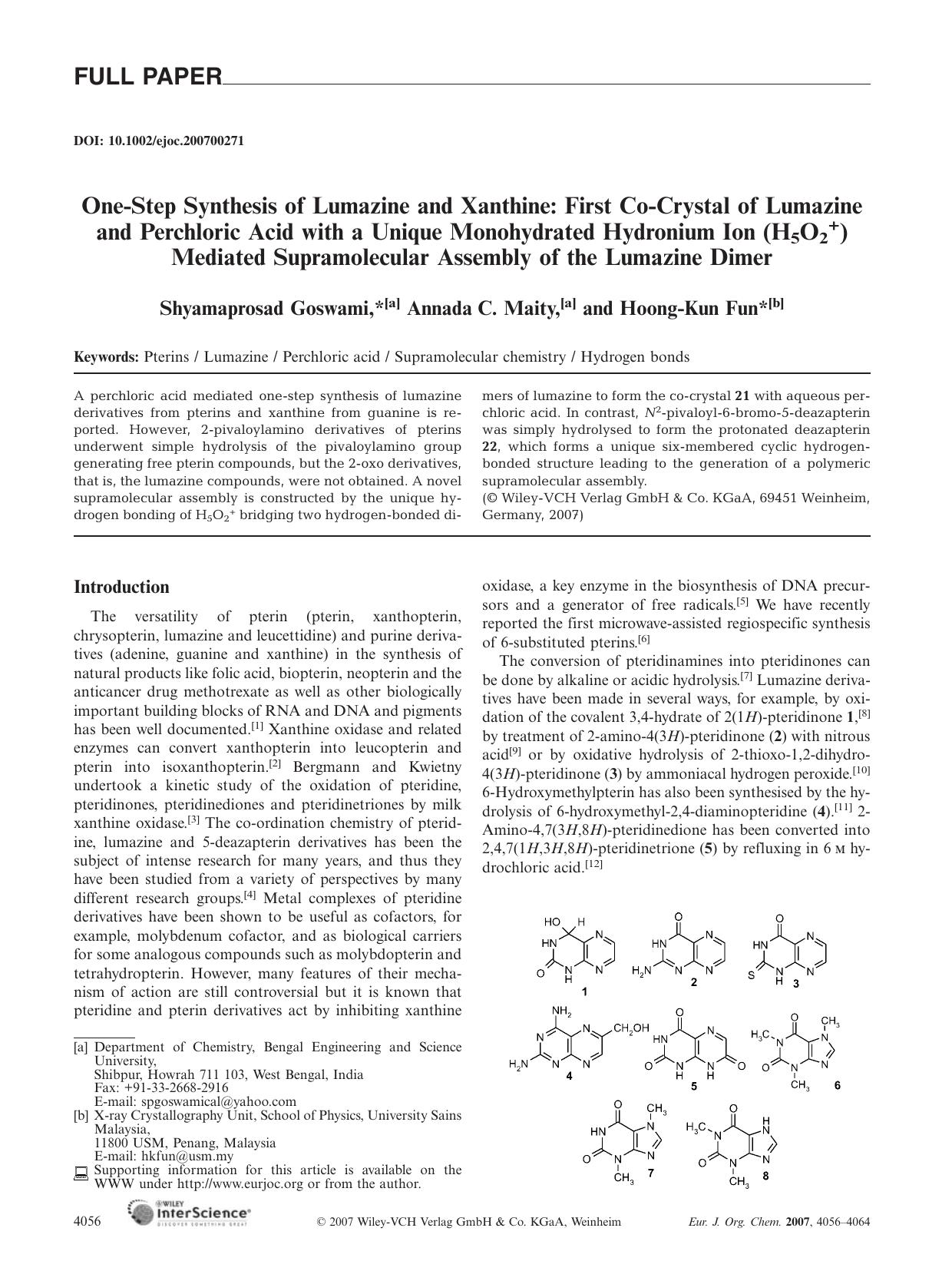 One-Step Synthesis of Lumazine and Xanthine: First Co-Crystal of Lumazine and Perchloric Acid with a Unique Monohydrated Hydronium Ion (H5O2+) Mediated Supramolecular Assembly of the Lumazine Dimer by Unknown
