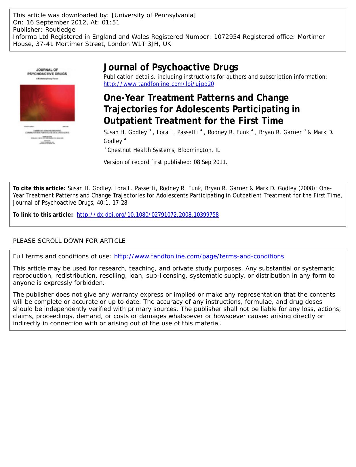 One-Year Treatment Patterns and Change Trajectories for Adolescents Participating in Outpatient Treatment for the First Time by unknow