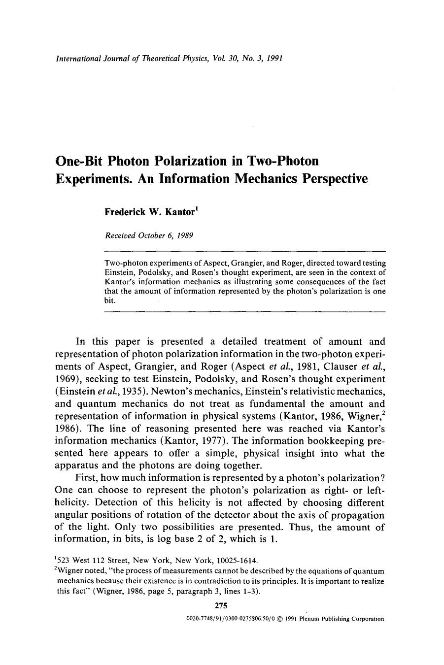 One-bit photon polarization in two-photon experiments. An information mechanics perspective by Unknown