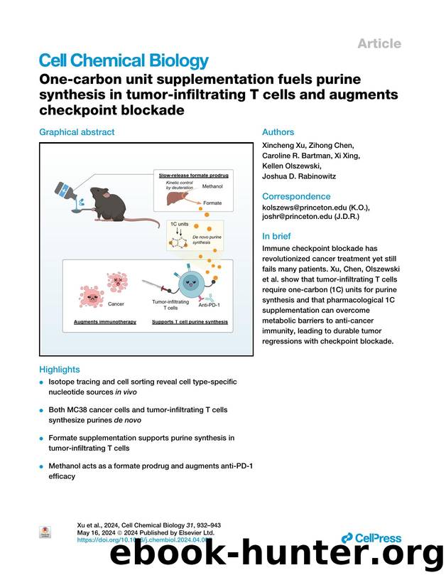One-carbon unit supplementation fuels purine synthesis in tumor-infiltrating T&nbsp;cells and augments checkpoint blockade by Xincheng Xu & Zihong Chen & Caroline R. Bartman & Xi Xing & Kellen Olszewski & Joshua D. Rabinowitz