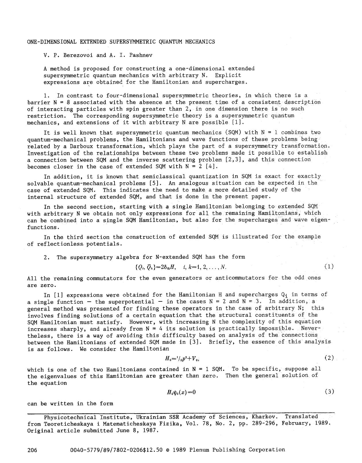 One-dimensional extended supersymmetric quantum mechanics by Unknown