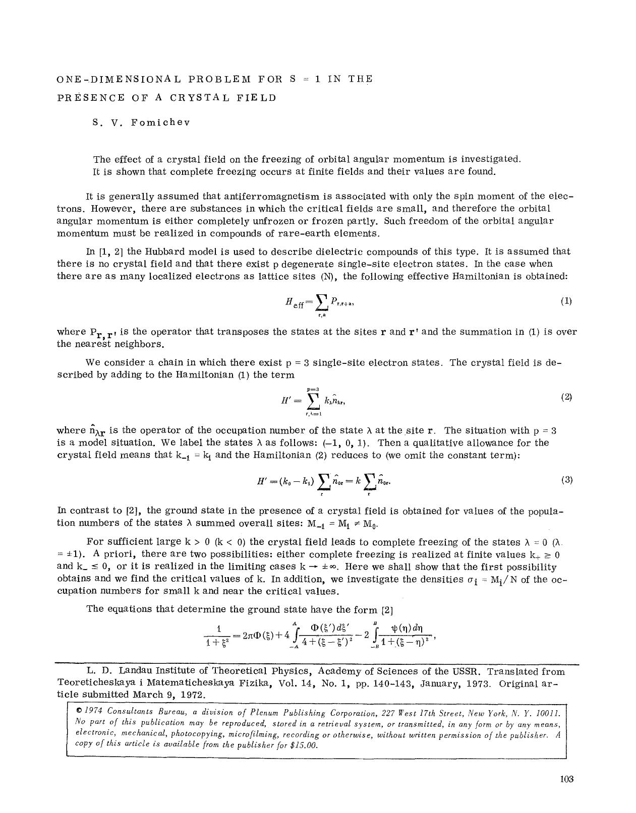 One-dimensional problem for S=1 in the presence of a crystal field by Unknown