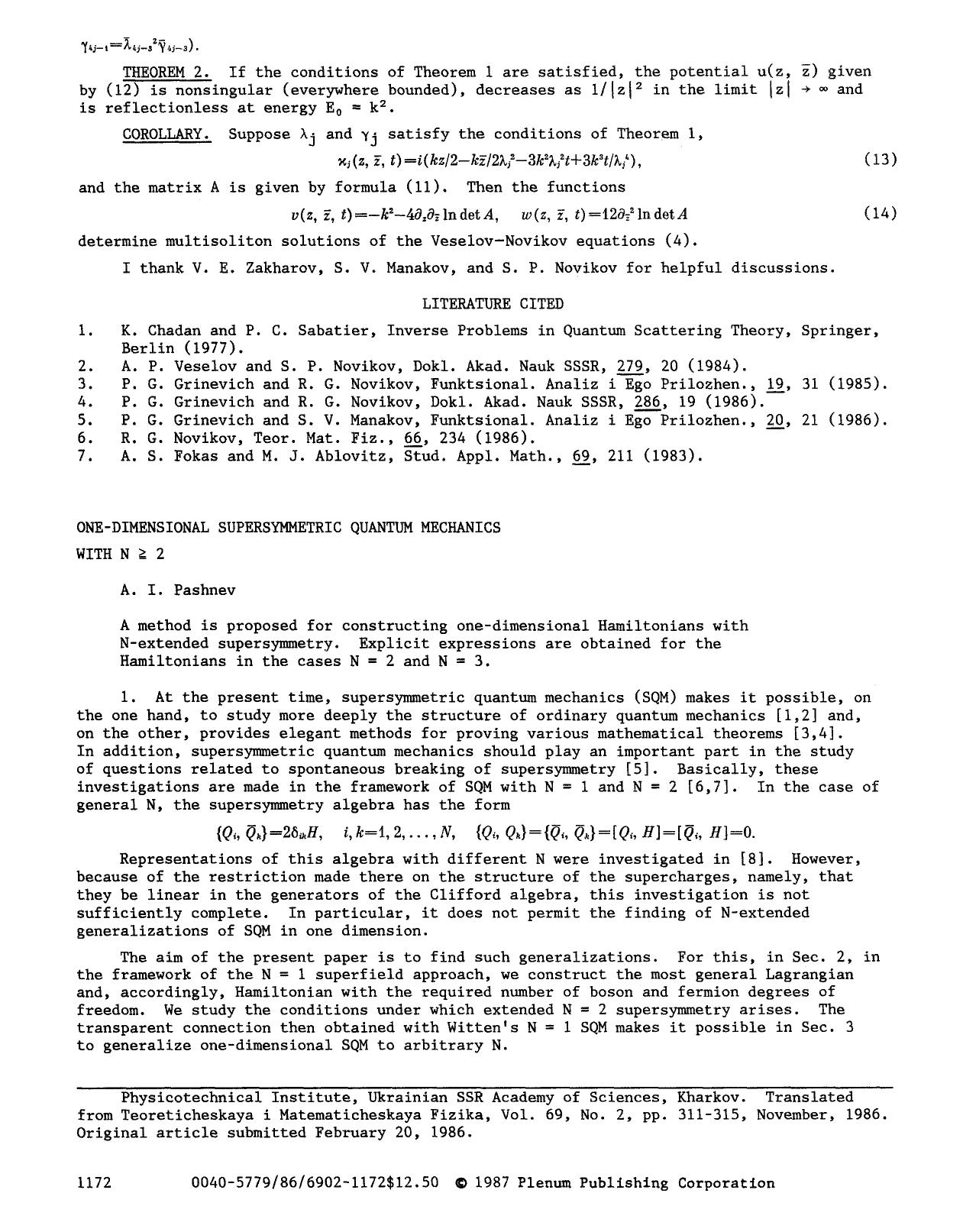 One-dimensional supersymmetric quantum mechanics with N&#x2267;2 by Unknown
