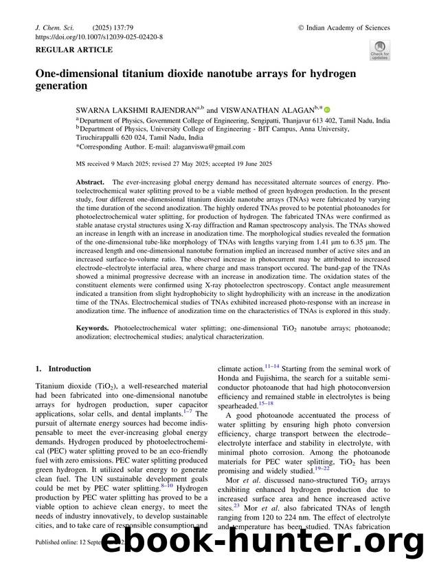 One-dimensional titanium dioxide nanotube arrays for hydrogen generation by Swarna Lakshmi Rajendran & Viswanathan Alagan