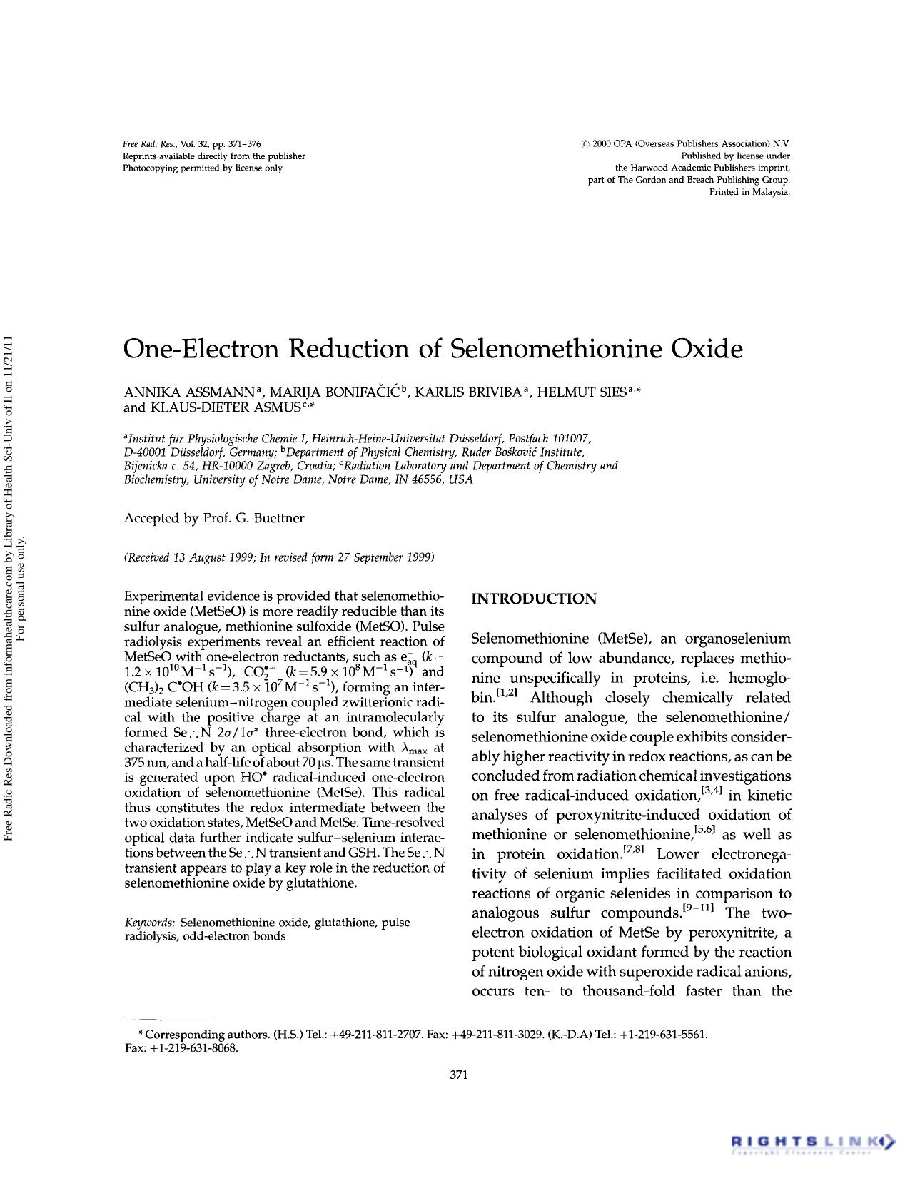 One-electron reduction of selenomethionine oxide by Annika Assmann Marija Bonifačić Karlis Briviba Helmut Sies & Klaus-Dieter Asmus