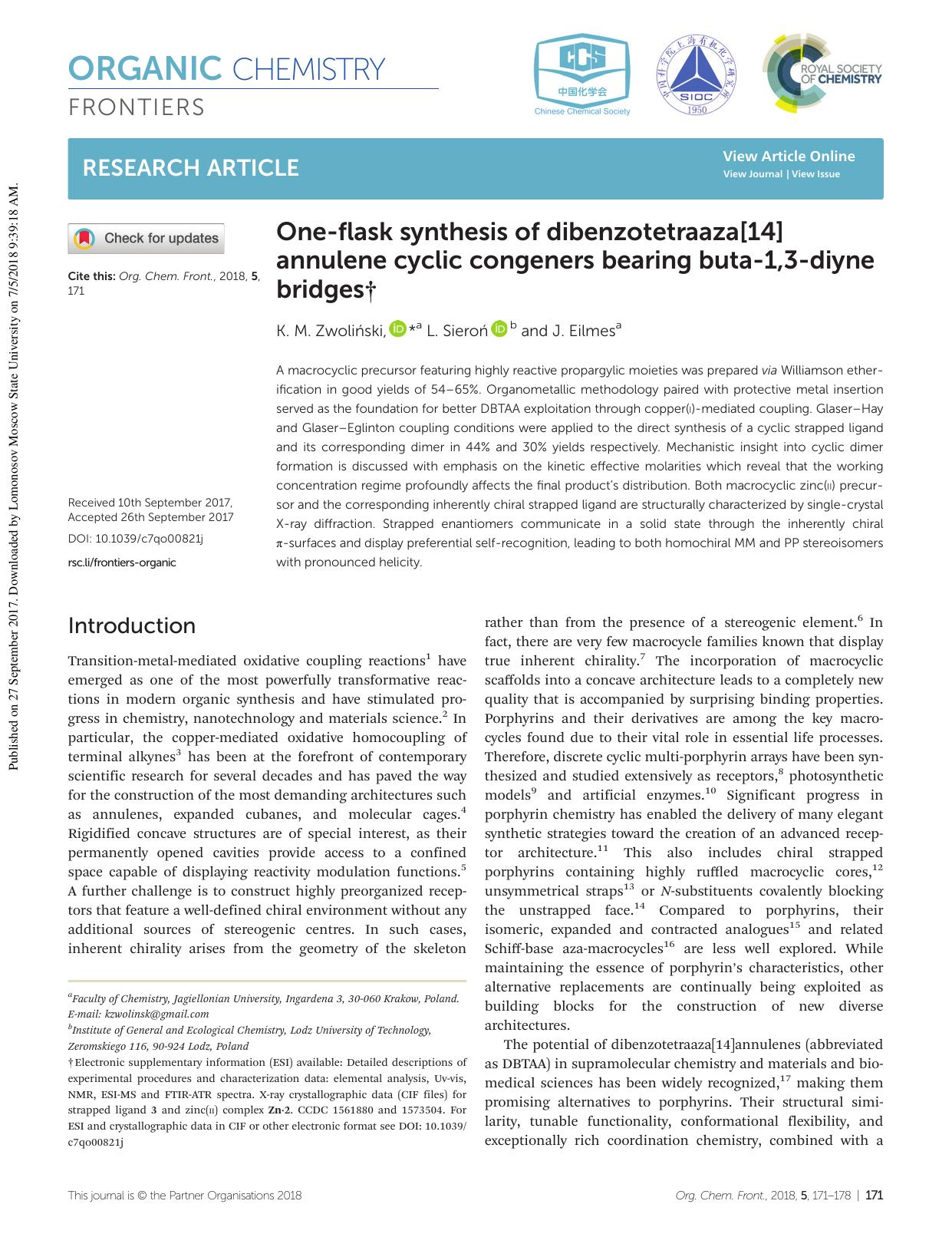 One-flask synthesis of dibenzotetraaza[14]annulene cyclic congeners bearing buta-1,3-diyne bridges by K. M. Zwoliński L. Sieroń J. Eilmes