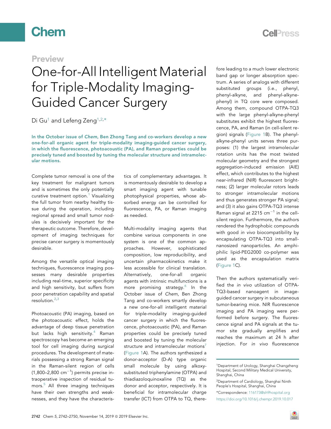 One-for-All Intelligent Material for Triple-Modality Imaging-Guided Cancer Surgery by Di Gu & Lefeng Zeng