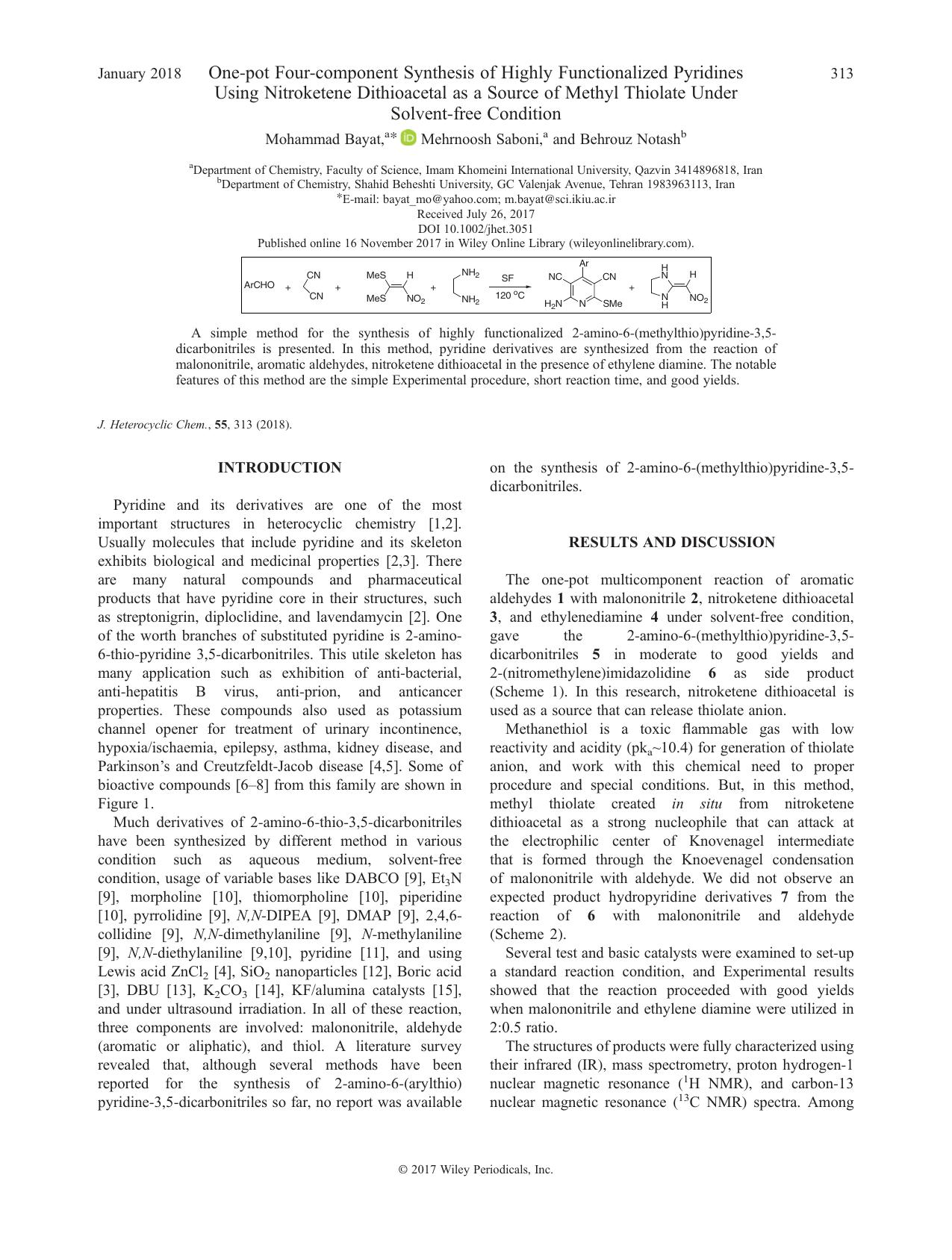 One-pot Four-component Synthesis of Highly Functionalized Pyridines Using Nitroketene Dithioacetal as a Source of Methyl Thiolate Under Solvent-free Condition by Mohammad Bayat Mehrnoosh Saboni Behrouz Notash