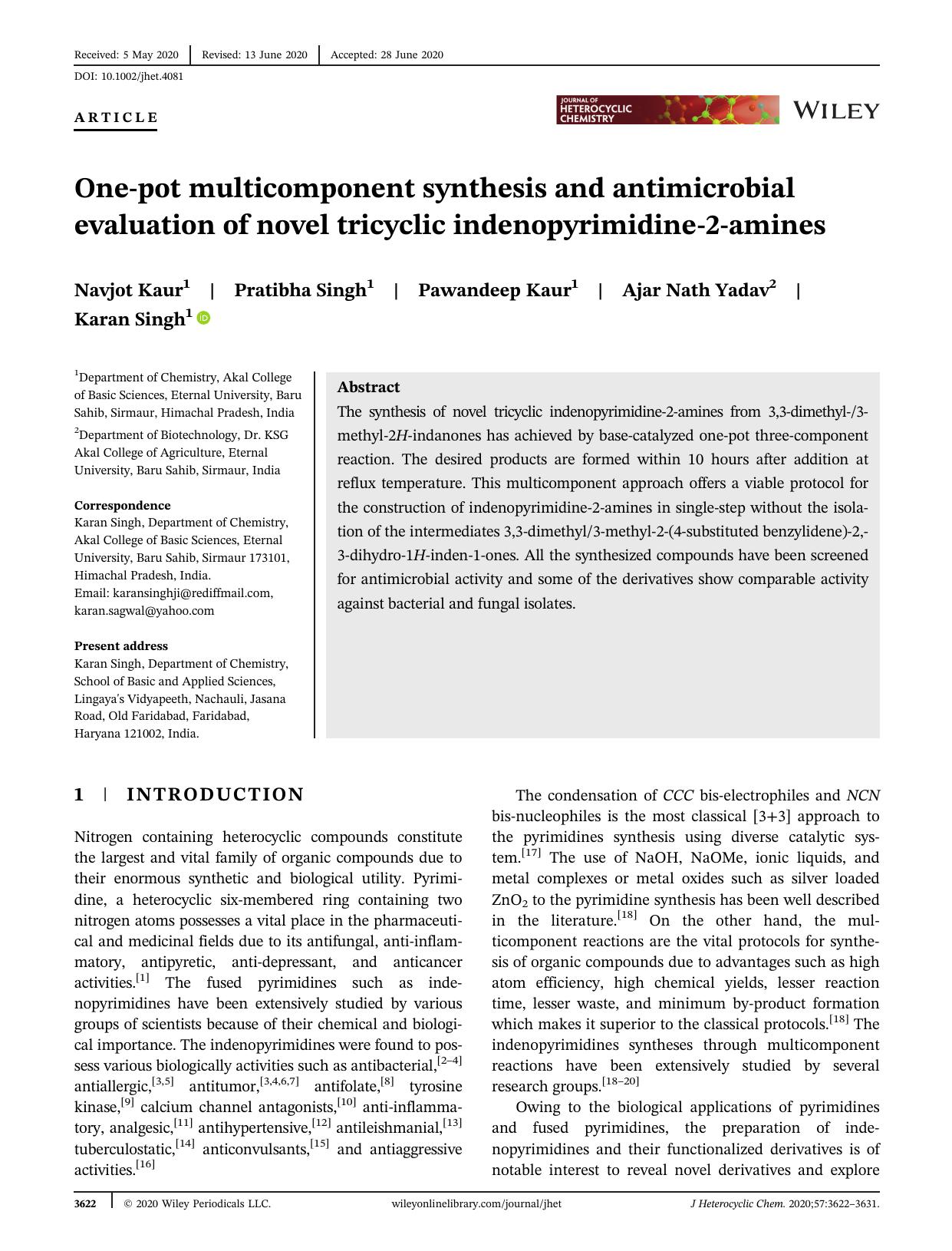 One-pot Multicomponent Synthesis and Antimicrobial Evaluation of Novel Tricyclic Indenopyrimidine-2-amines by Unknown