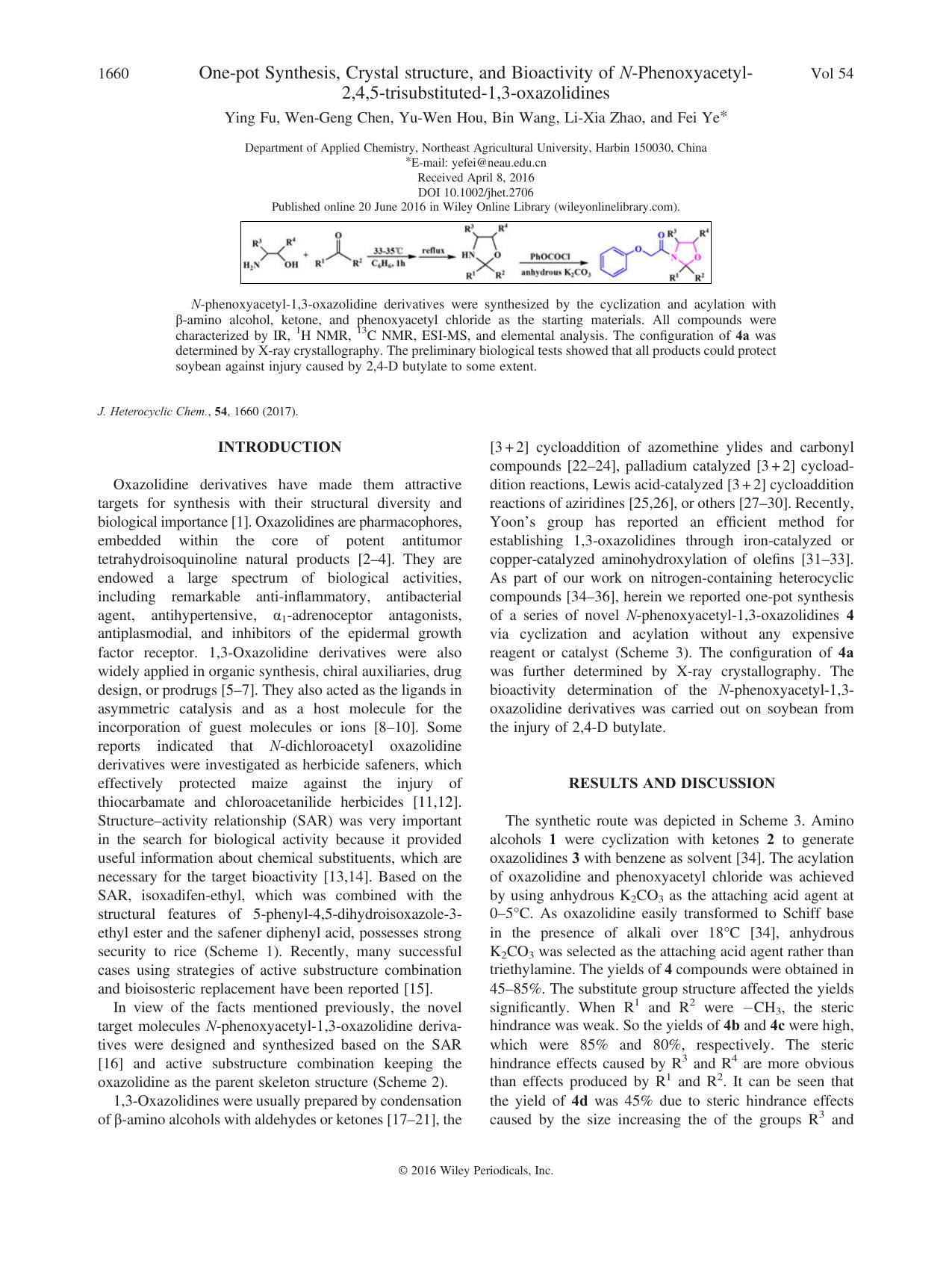 One-pot Synthesis, Crystal structure, and Bioactivity of N-Phenoxyacetyl-2,4,5-trisubstituted-1,3-oxazolidines by Ying Fu & Wen-Geng Chen & Yu-Wen Hou & Bin Wang & Li-Xia Zhao & Fei Ye