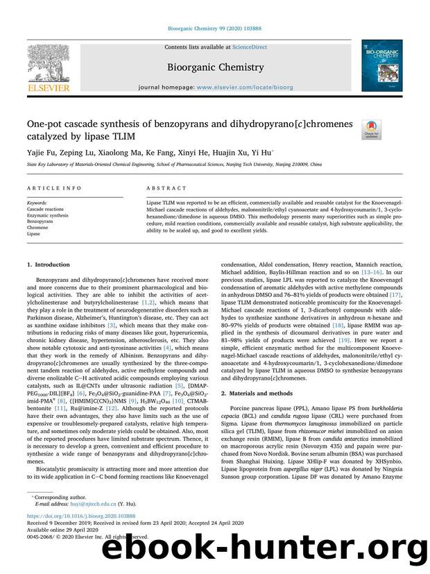 One-pot cascade synthesis of benzopyrans and dihydropyrano[c]chromenes catalyzed by lipase TLIM by Yajie Fu