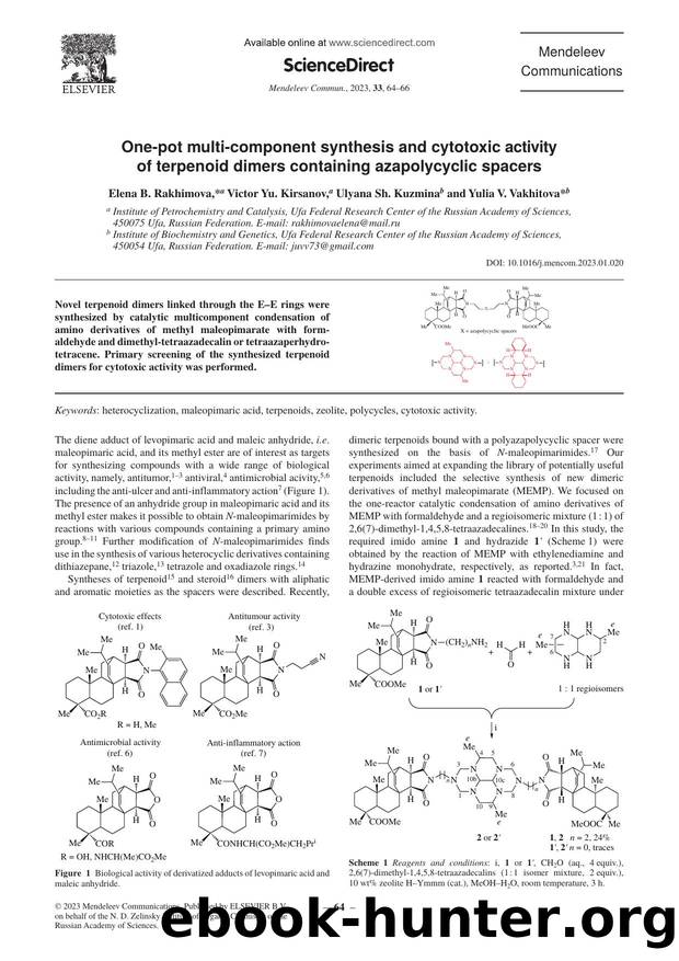 One-pot multi-component synthesis and cytotoxic activity of terpenoid dimers containing azapolycyclic spacers by Elena B. Rakhimova & Victor Yu. Kirsanov & Ulyana Sh. Kuzmina & Yulia V. Vakhitova