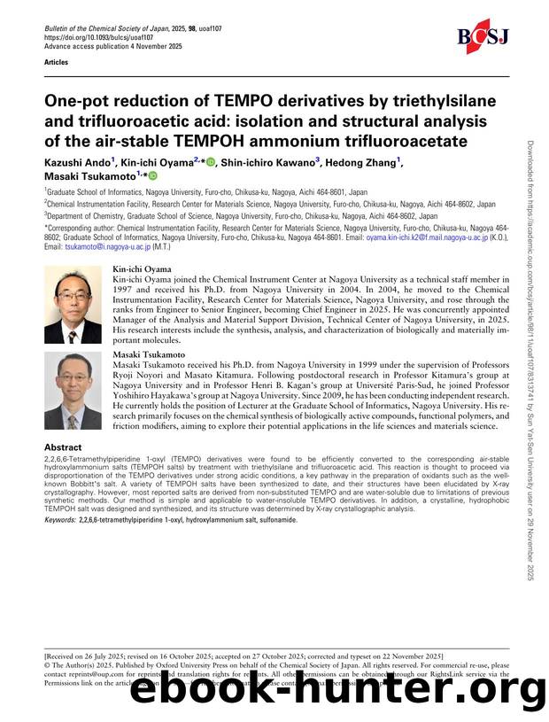 One-pot reduction of TEMPO derivatives by triethylsilane and trifluoroacetic acid: isolation and structural analysis of the air-stable TEMPOH ammonium trifluoroacetate by Kazushi Ando & Kin-ichi Oyama & Shin-ichiro Kawano & Hedong Zhang & Masaki Tsukamoto