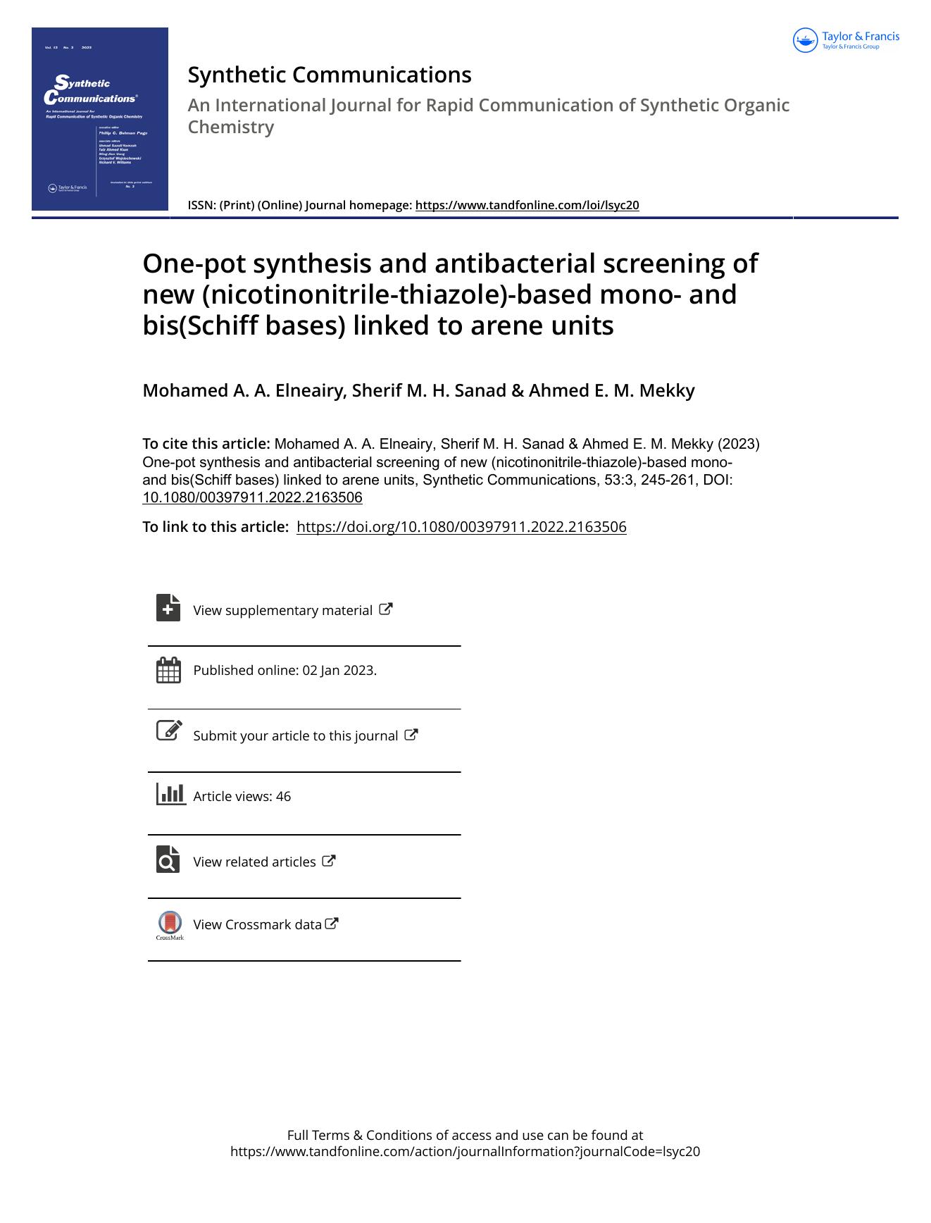 One-pot synthesis and antibacterial screening of new (nicotinonitrile-thiazole)-based mono- and bis(Schiff bases) linked to arene units by Elneairy Mohamed A. A. & Sanad Sherif M. H. & Mekky Ahmed E. M