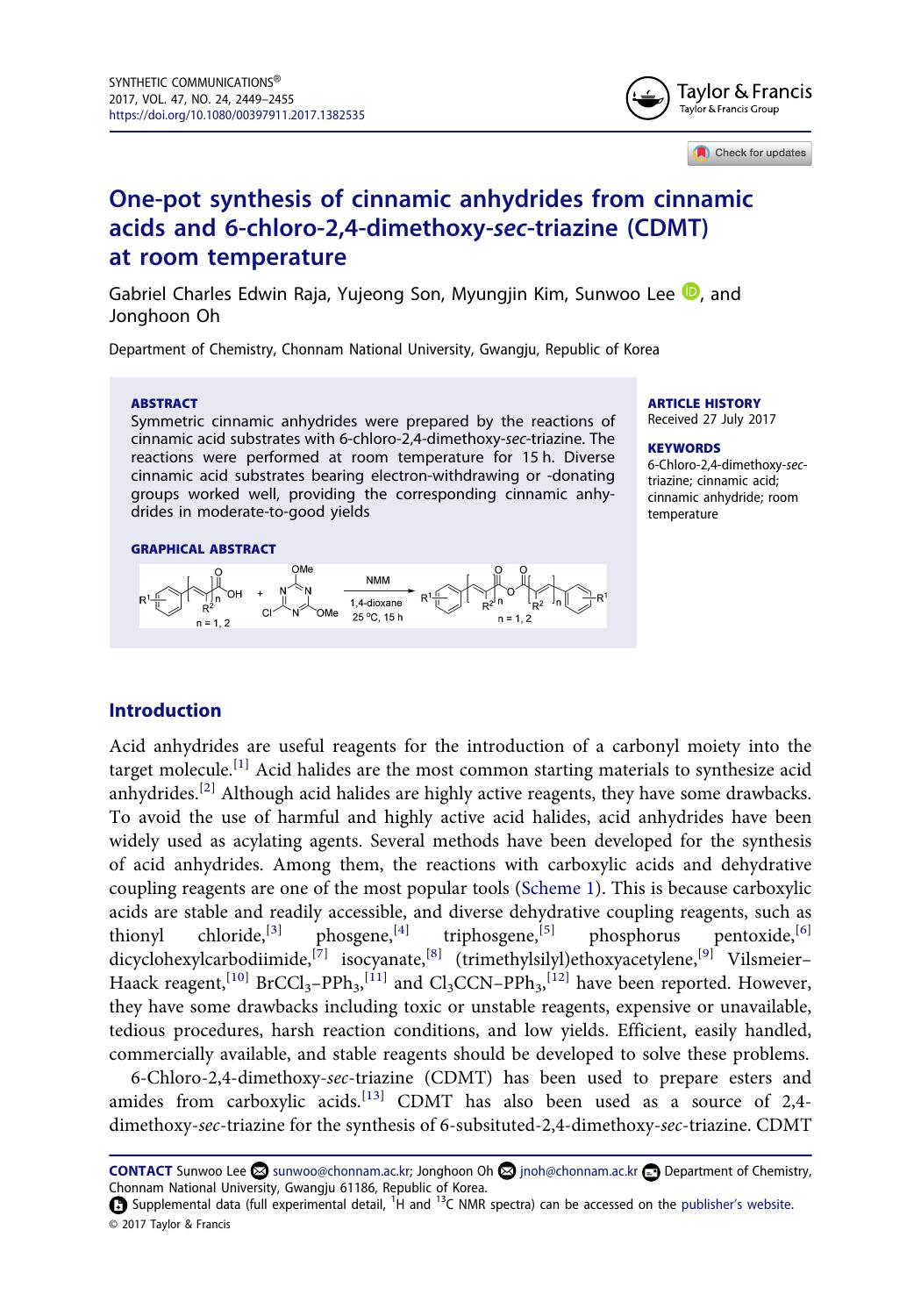 One-pot synthesis of cinnamic anhydrides from cinnamic acids and 6-chloro-2,4-dimethoxy-sec-triazine (CDMT) at room temperature by Gabriel Charles Edwin Raja