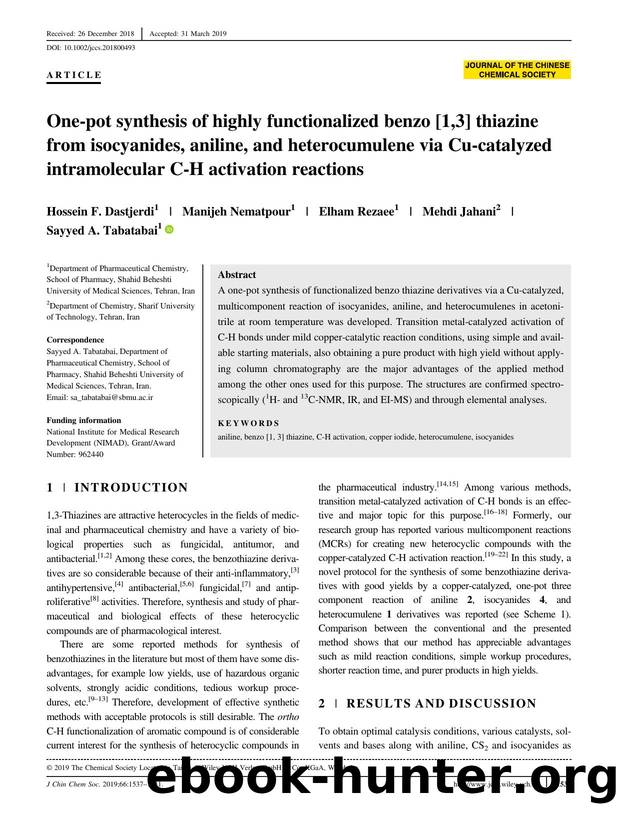 One-pot synthesis of highly functionalized benzo [1,3] thiazin via Cu-catalyzed intramolecular C-H activation reactions from isocyanides, aniline and heterocumulenes by Unknown