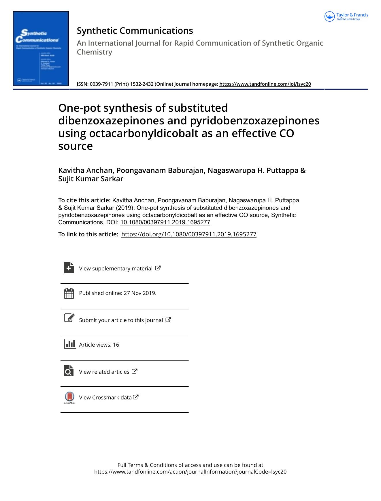One-pot synthesis of substituted dibenzoxazepinones and pyridobenzoxazepinones using octacarbonyldicobalt as an effective CO source by Anchan Kavitha & Baburajan Poongavanam & Puttappa Nagaswarupa H. & Kumar Sarkar Sujit