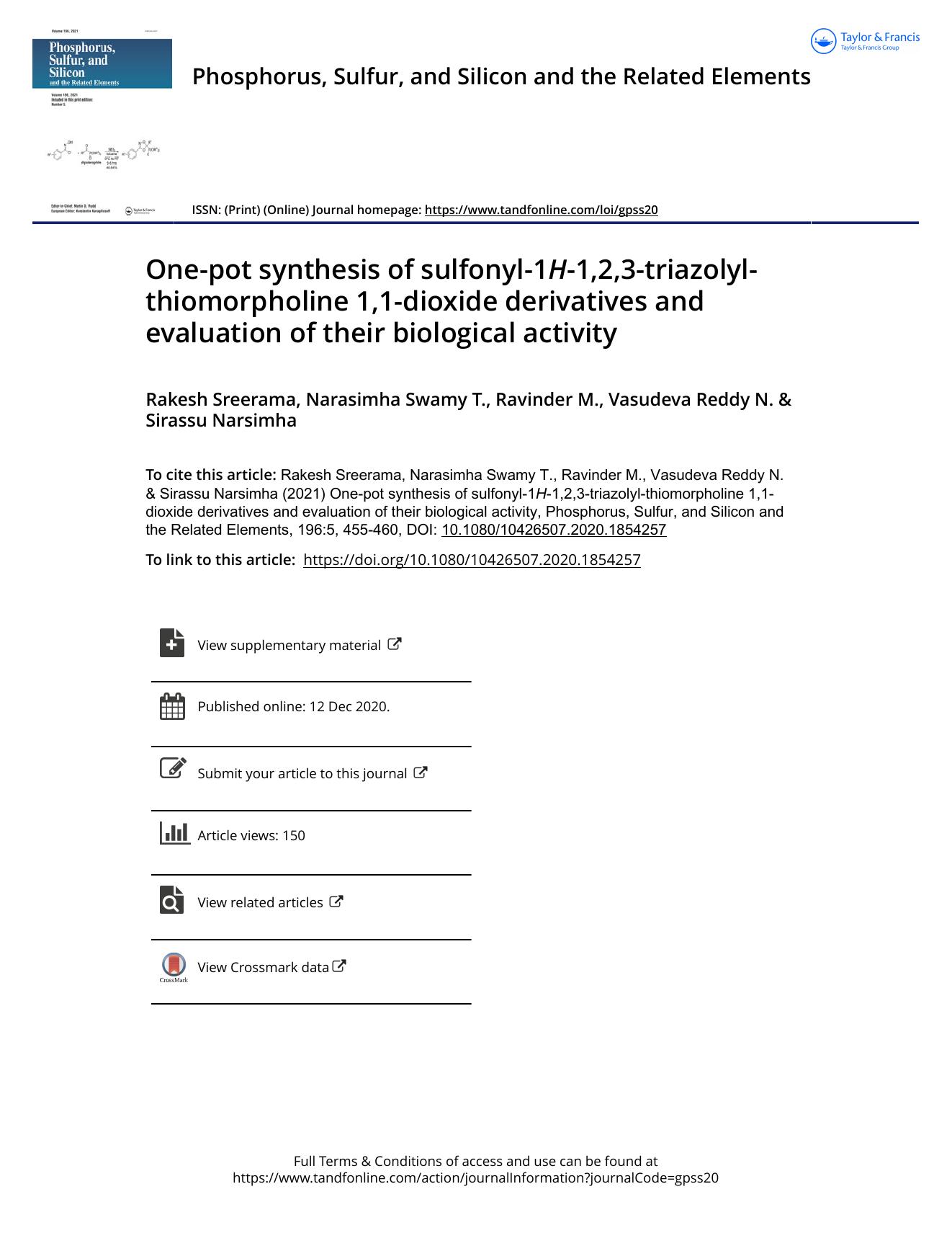 One-pot synthesis of sulfonyl-1H-1,2,3-triazolyl-thiomorpholine 1,1-dioxide derivatives and evaluation of their biological activity by Sreerama Rakesh & T. Narasimha Swamy & M. Ravinder & N. Vasudeva Reddy & Narsimha Sirassu