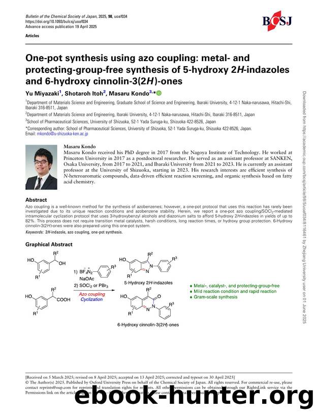 One-pot synthesis using azo coupling: metal- and protecting-group-free synthesis of 5-hydroxy 2H-indazoles and 6-hydroxy cinnolin-3(2H)-ones by Yu Miyazaki & Shotaroh Itoh & Masaru Kondo