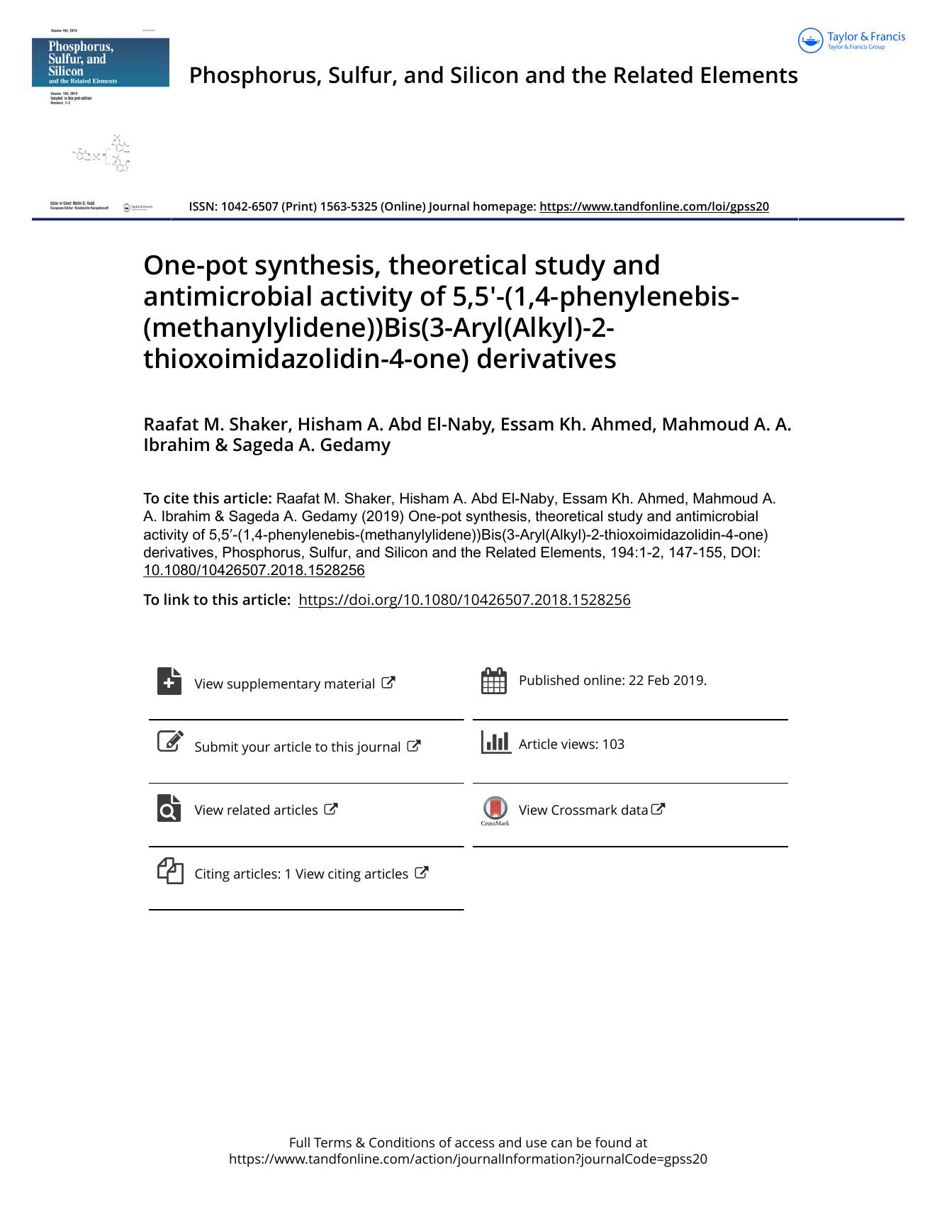 One-pot synthesis, theoretical study and antimicrobial activity of 5,5â²-(1,4-phenylenebis-(methanylylidene))Bis(3-Aryl(Alkyl)-2-thioxoimidazolidin-4-one) derivatives by unknow