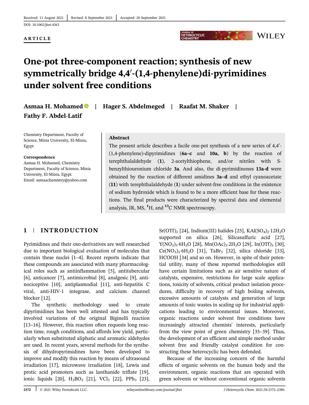 One-pot three-component reaction; synthesis of new symmetrically bridge 4,4`-(1,4-phenylene)di-pyrimidines under solvent free conditions by Unknown