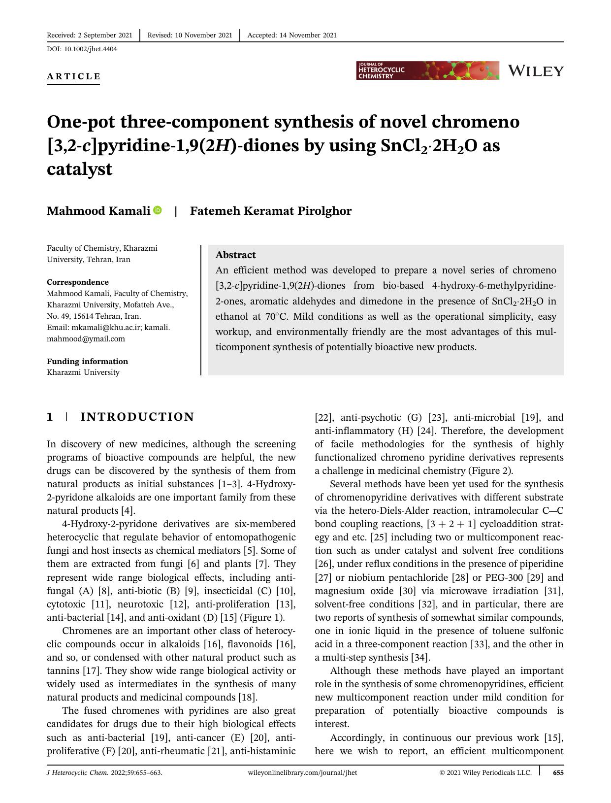 One-pot three-component synthesis of novel chromeno[3,2-c]pyridine-1,9(2H)-diones by using SnCl2.2H2O as catalyst by Unknown