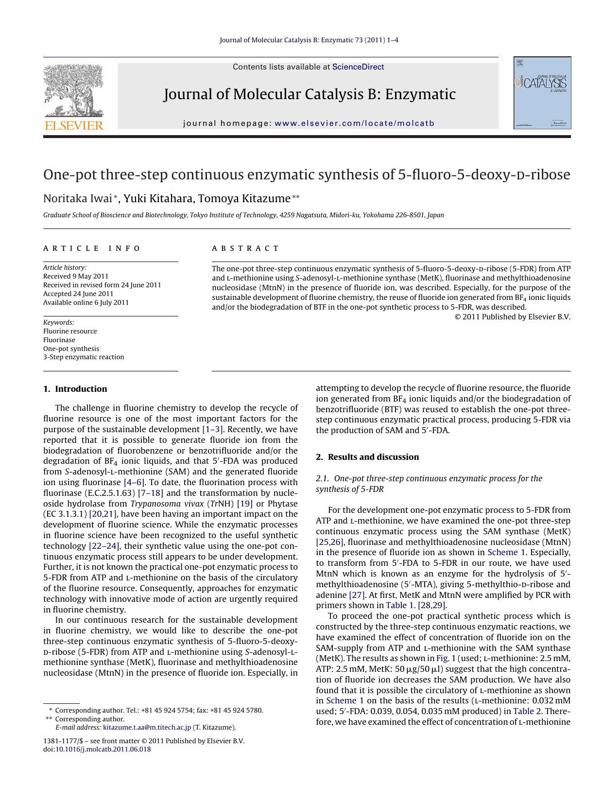 One-pot three-step continuous enzymatic synthesis of 5-fluoro-5-deoxy-d-ribose by Noritaka Iwai
