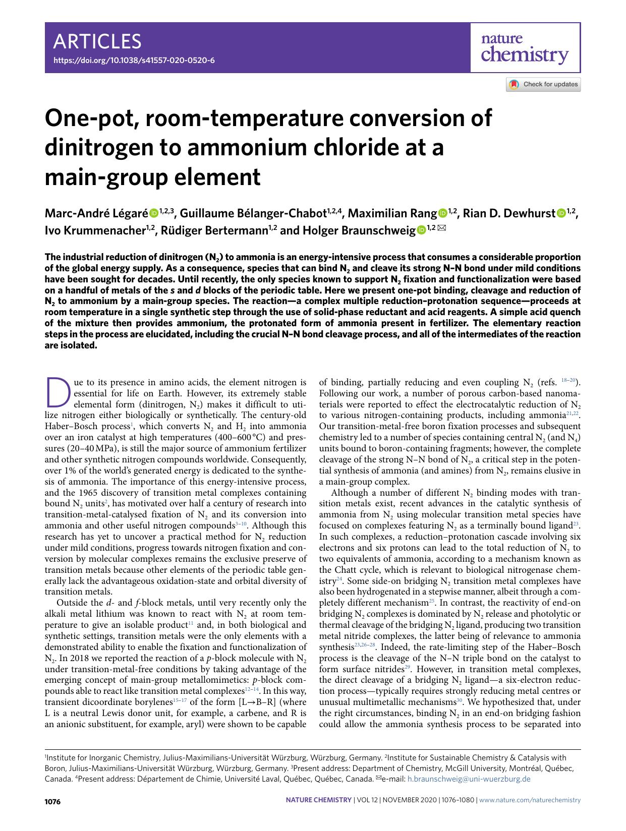 One-pot, room-temperature conversion of dinitrogen to ammonium chloride at a main-group element by unknow