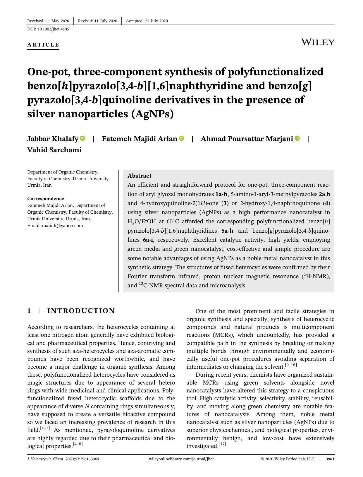 One-pot, three-component synthesis of polyfunctionalized benzo[h]pyrazolo[3,4-b][1,6]naphthyridine and benzo[g]pyrazolo[3,4-b]quinoline derivatives in the presence of silver nanoparticles (AgNPs) by Unknown