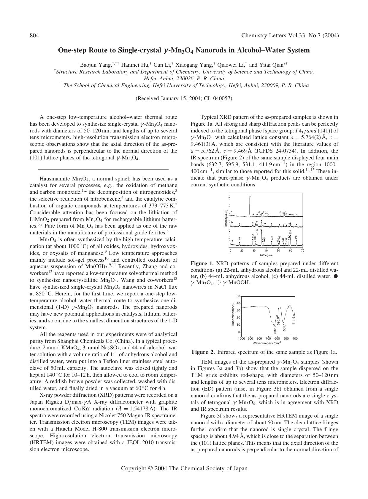 One-step Route to Single-crystal \gamma-Mn_{3}O_{4} Nanorods in Alcohol--Water System by Baojun Yang Hanmei Hu Cun Li Xiaogang Yang Qiaowei Li and Yitai Qian